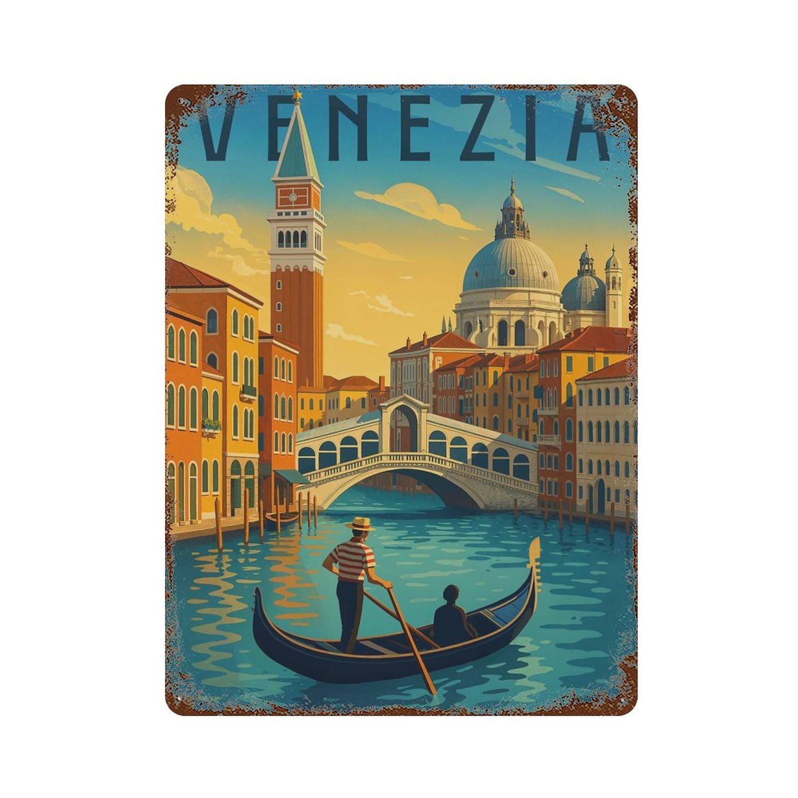 Venice Travel Poster – Romantic Gondola And Sunset Canal Distressed Metal Wall Sign 15.7"x11.8", Shabby Chic Decor for Garage, Pub Or Kitchen