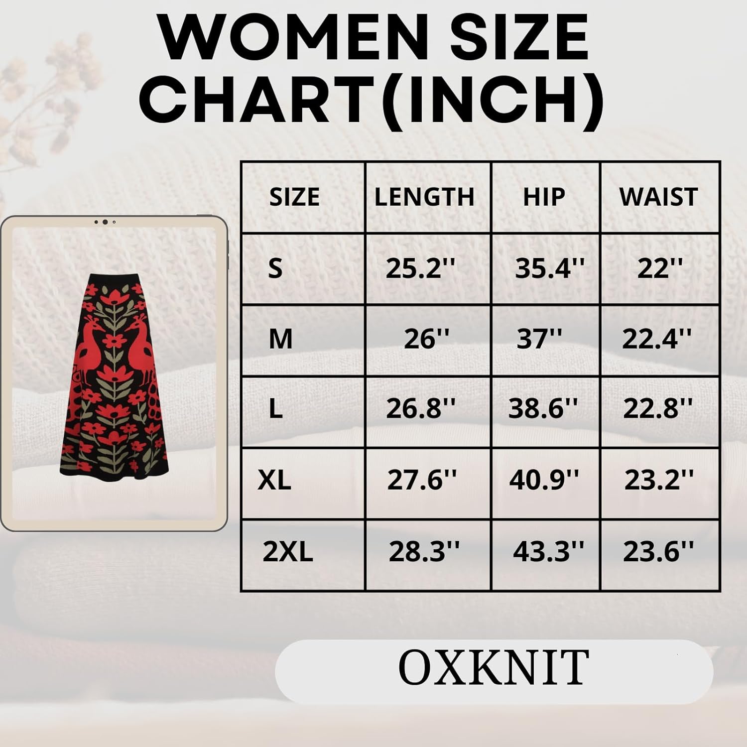 OXKnit Knittd Midi Skirts for Women, Casual Retro Peacock and Florals Pattern High Waist A Line Cotton Black Skirts - Image 7