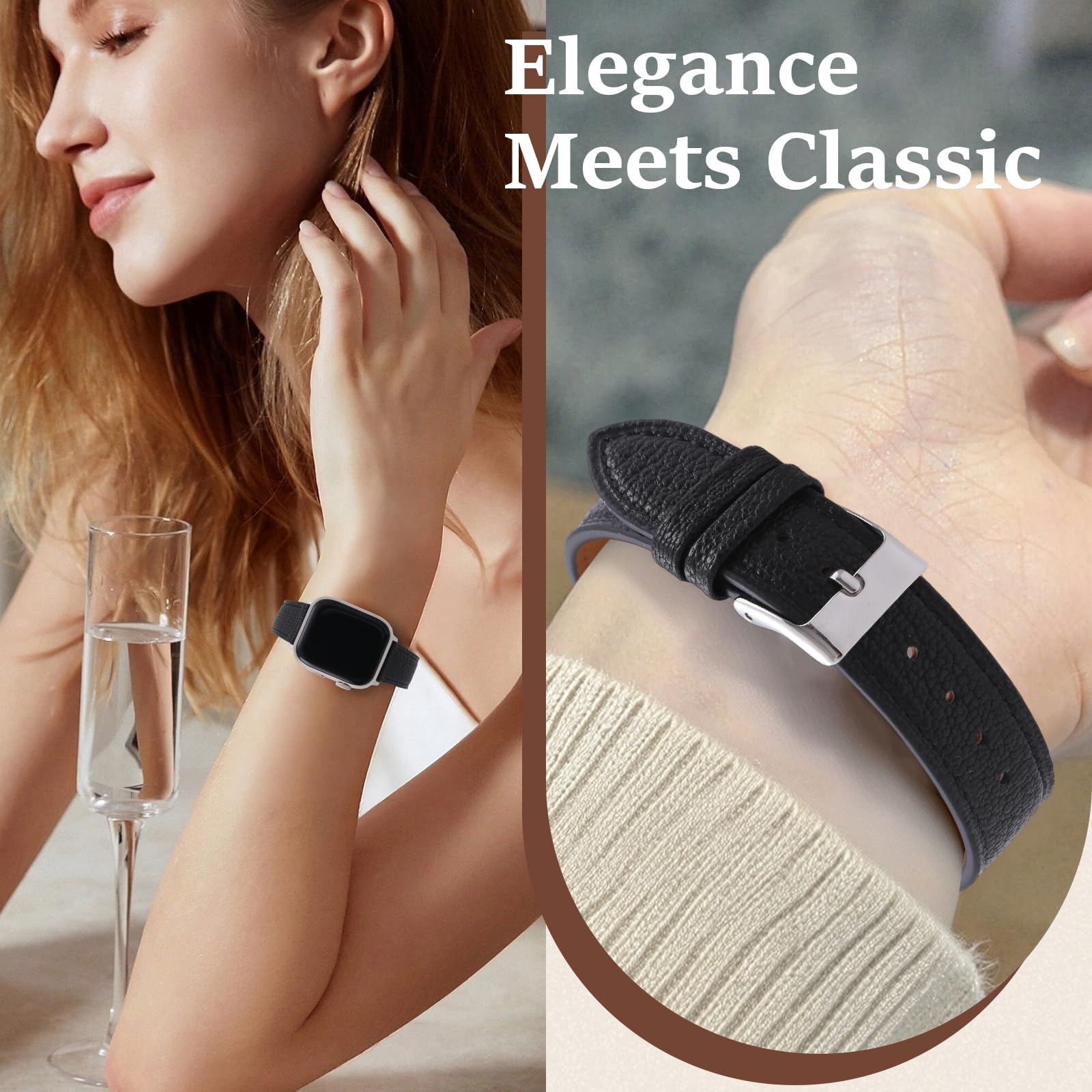 Cinturino sottile da donna in morbida pelle di capra francese, compatibile con Apple Watch da 38 mm, 40 mm, 41 mm, 42 mm, 44 mm, 45 mm, 46 mm, 49 mm, cinturino di ricambio sottile in pelle per iWatch