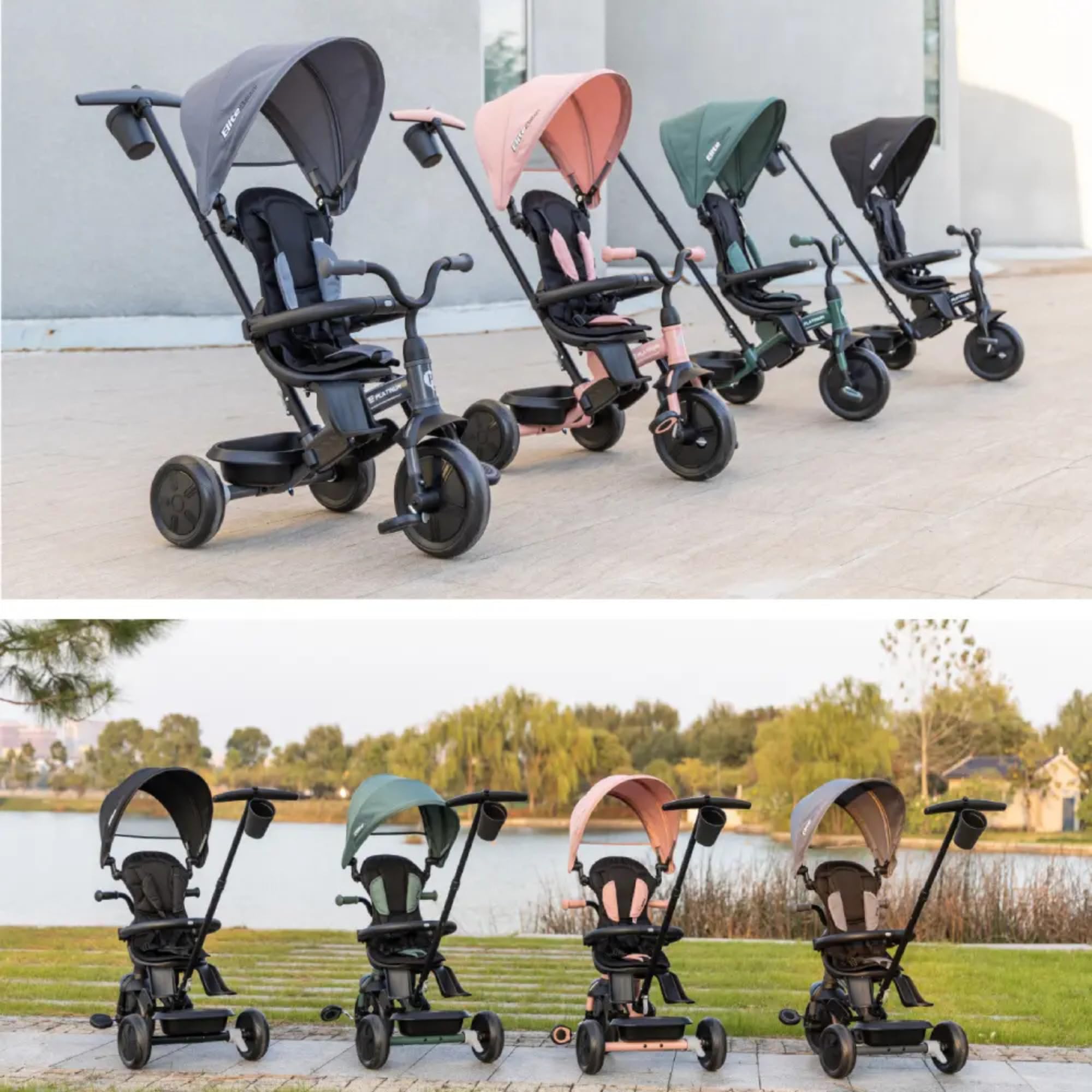 Qplay Triciclo Evolutivo Elite Platinum 6 en 1 con Asiento Giratorio 360° | Para Niños de 10 a 36 Meses – Control Parental, Capota XL, Reposapiés y Chasis Metálico – Colores Gris, Verde y Rosa (Verde)
