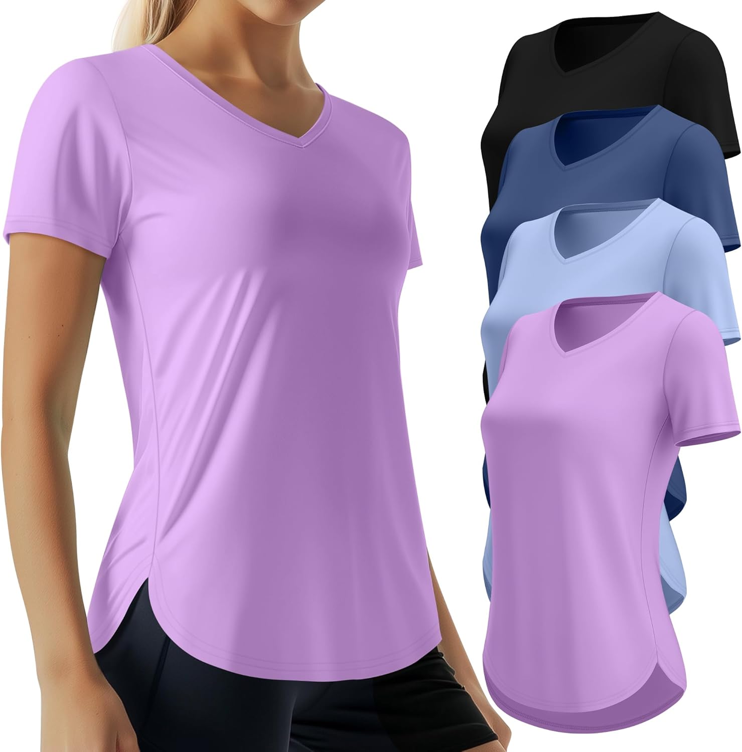 4 Pack Women's Workout Tops Quick Dry UPF 50+ Exercise V Neck UV Short Sleeve Gym Side Slits Curved Hem Shirts