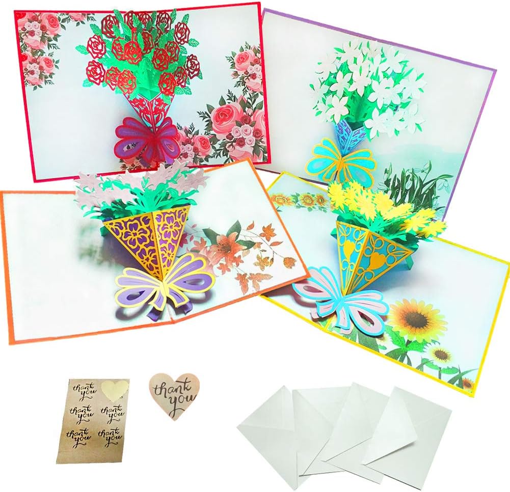 Ewong 3D Flowers Pop Up Gift Cards, Thank You Greeting Handmade Bunch of Lilies, Roses, Sunflowers, Gardenias for Thanksgiving Birthday Christmas Valentine's Day Gifts, 4 Pack