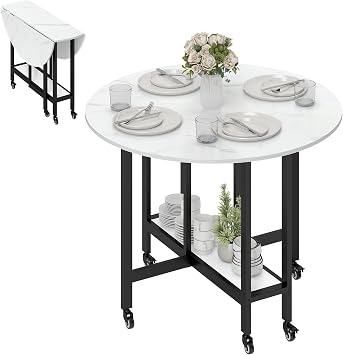 HOMCOM Folding Dining Table 33-100cm Rolling Drop Leaf Table White Marble
