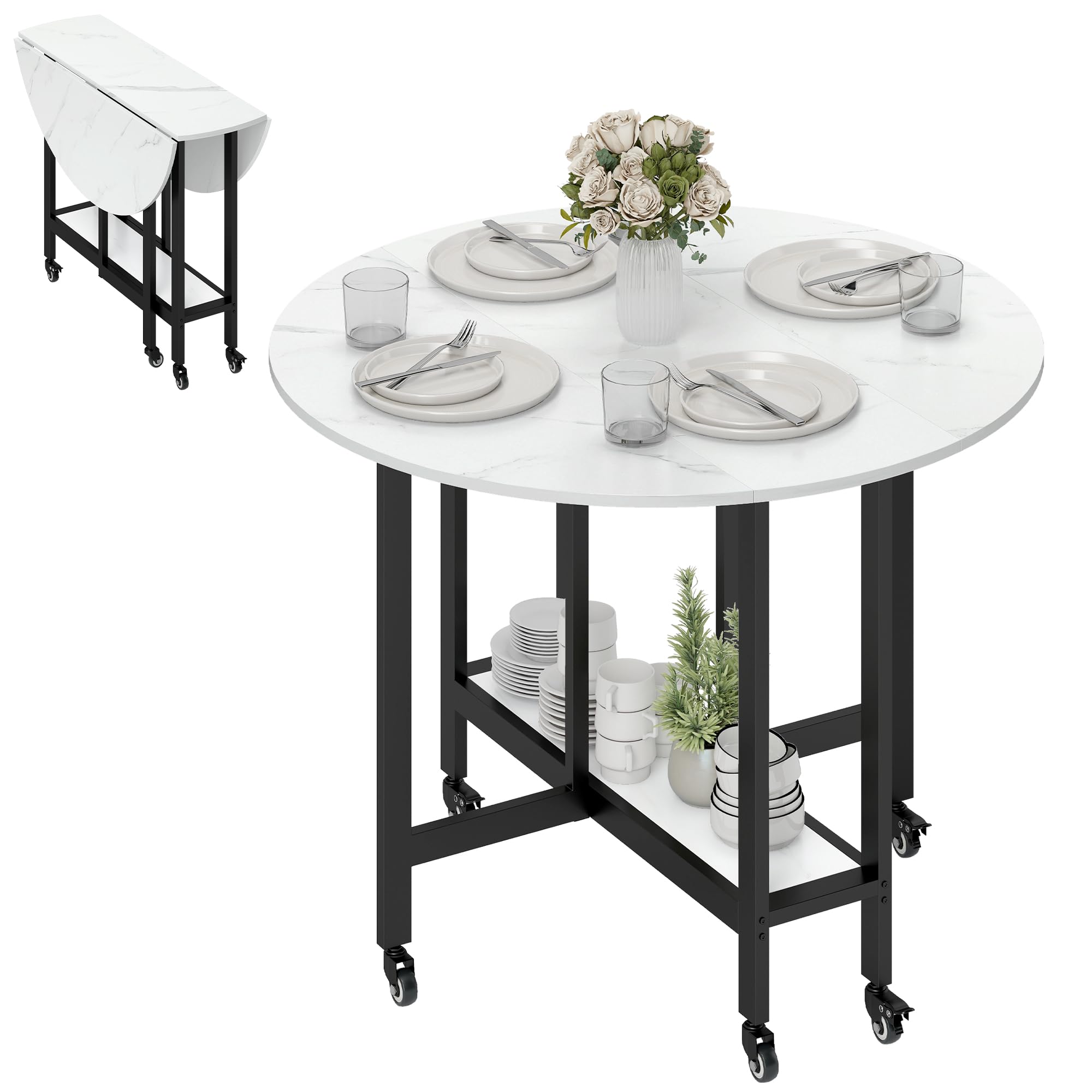 HOMCOM Folding Dining Table 33-100cm Rolling Drop Leaf Table White Marble