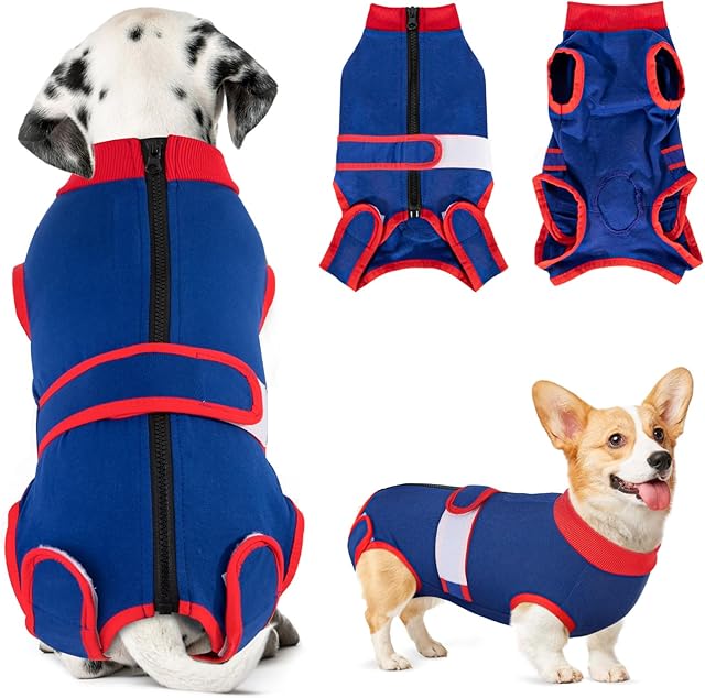 SlowTon Dog Surgery Recovery Suit, Dog Cone E-Collar Alternative After Surgery with Zipper, Professional Pet Recovery Shirt Dog, Preventing Licking Spay Suit for Female Male Dog Blue