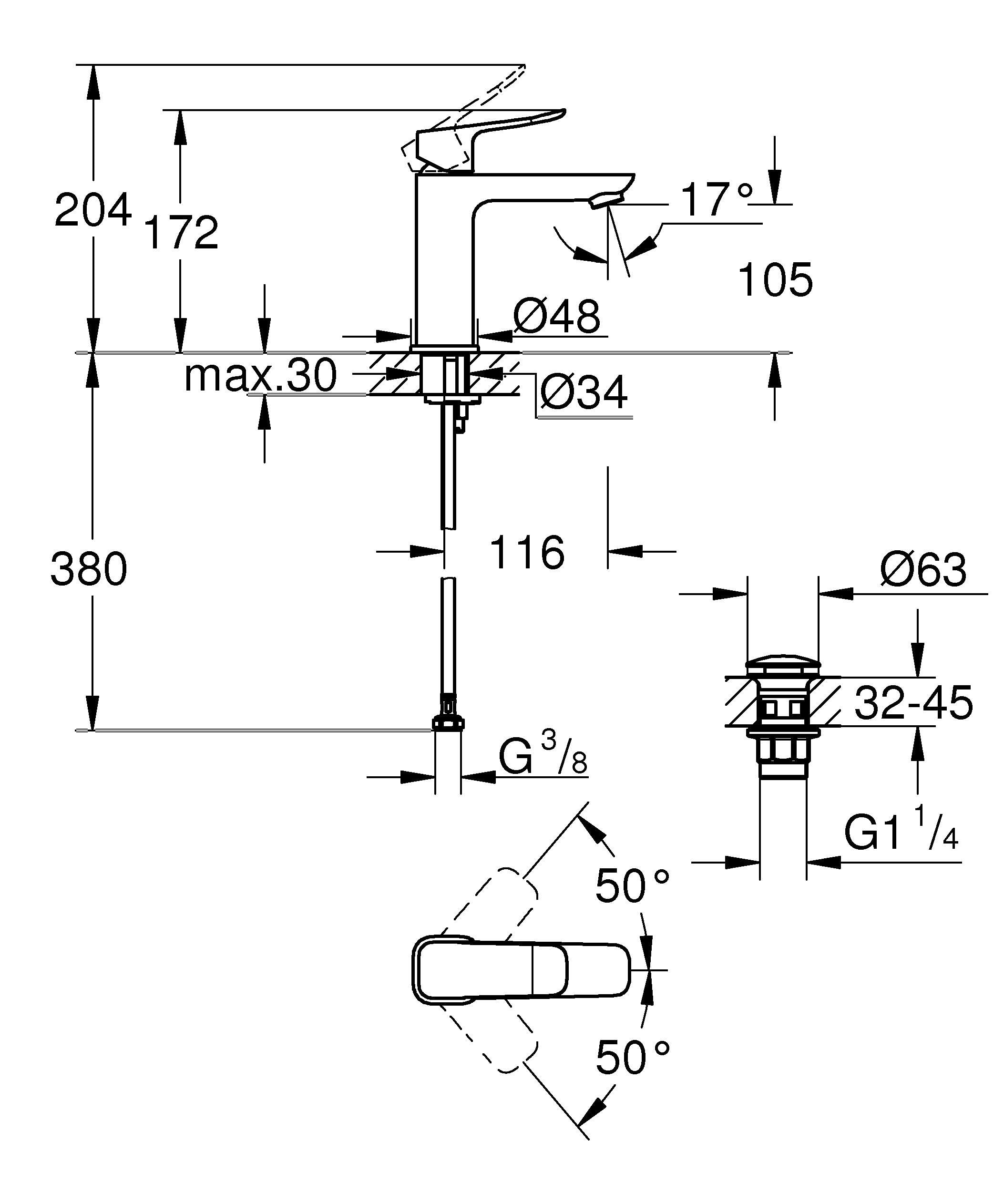 GROHE Dice, Waschtischarmatur, wassersparend (Wasserhahn für das Bad, Badarmatur mit Push-Open Ablauf, 17cm hoch, mit 3in1 Werkzeug, einfache Installation am Waschbecken), mattschwarz, 1018332430