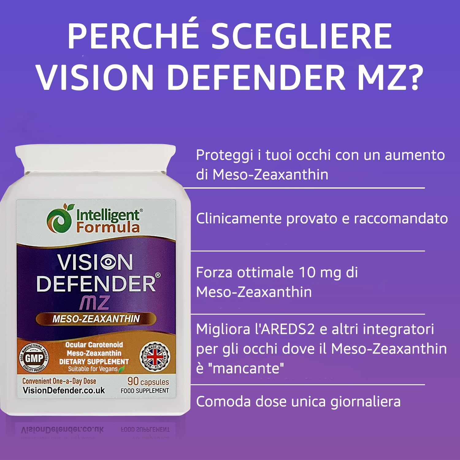 Vision Defender MZ Integratore per la Salute degli Occhi - 10mg Meso-Zeaxantina da Estratto di Tagete - Carotenoide Antiossidante per il Supporto della Vista e la Nutrizione della Retina - 90 Capsule