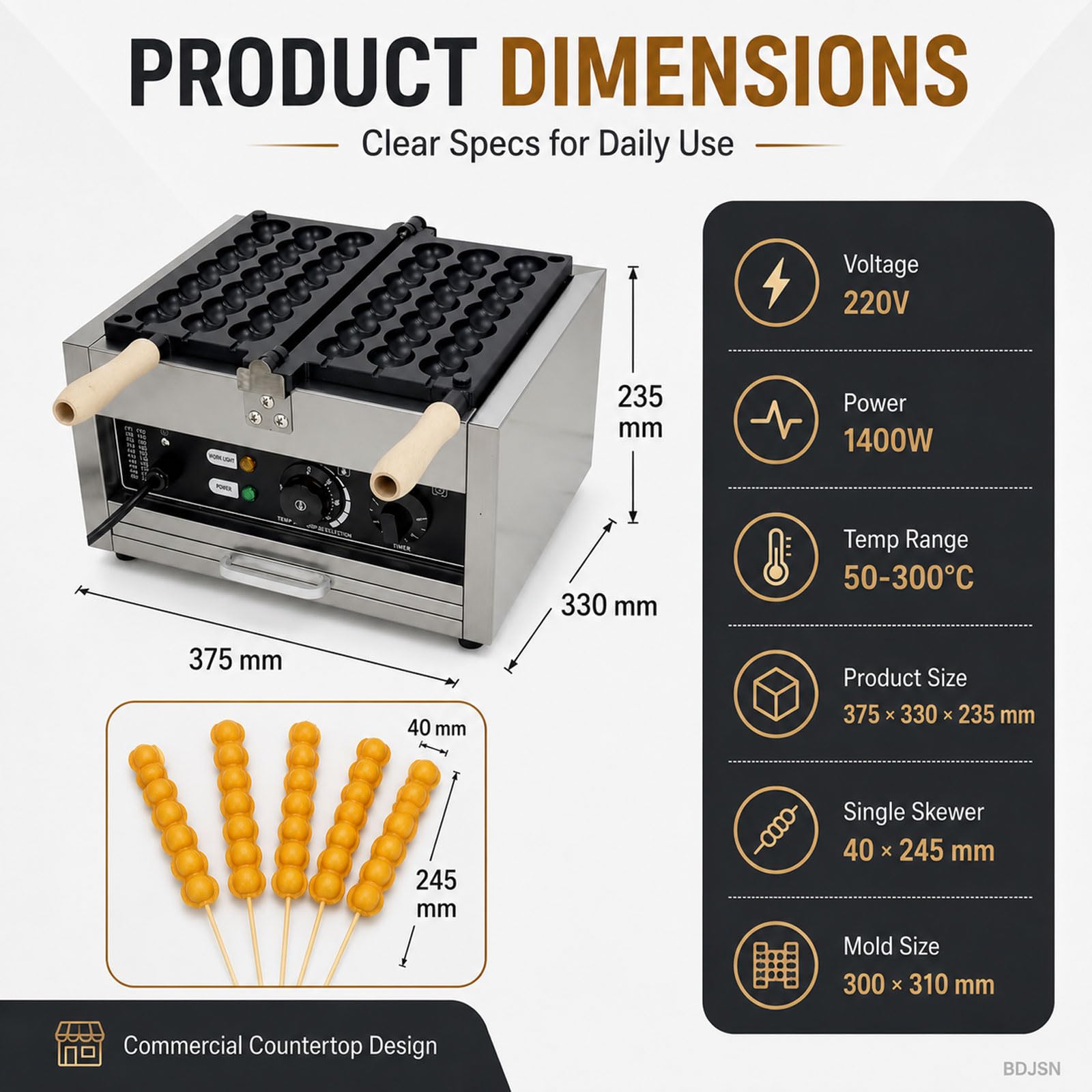 Macchina Professionale per Waffle A Spiedo, 1400w, Elettrica, con Design A Rotazione A 180°, Controllo della Temperatura da 50 A 300 °c, Timer da 0 A 5 Minuti, Piastre Antiaderenti per Bar,