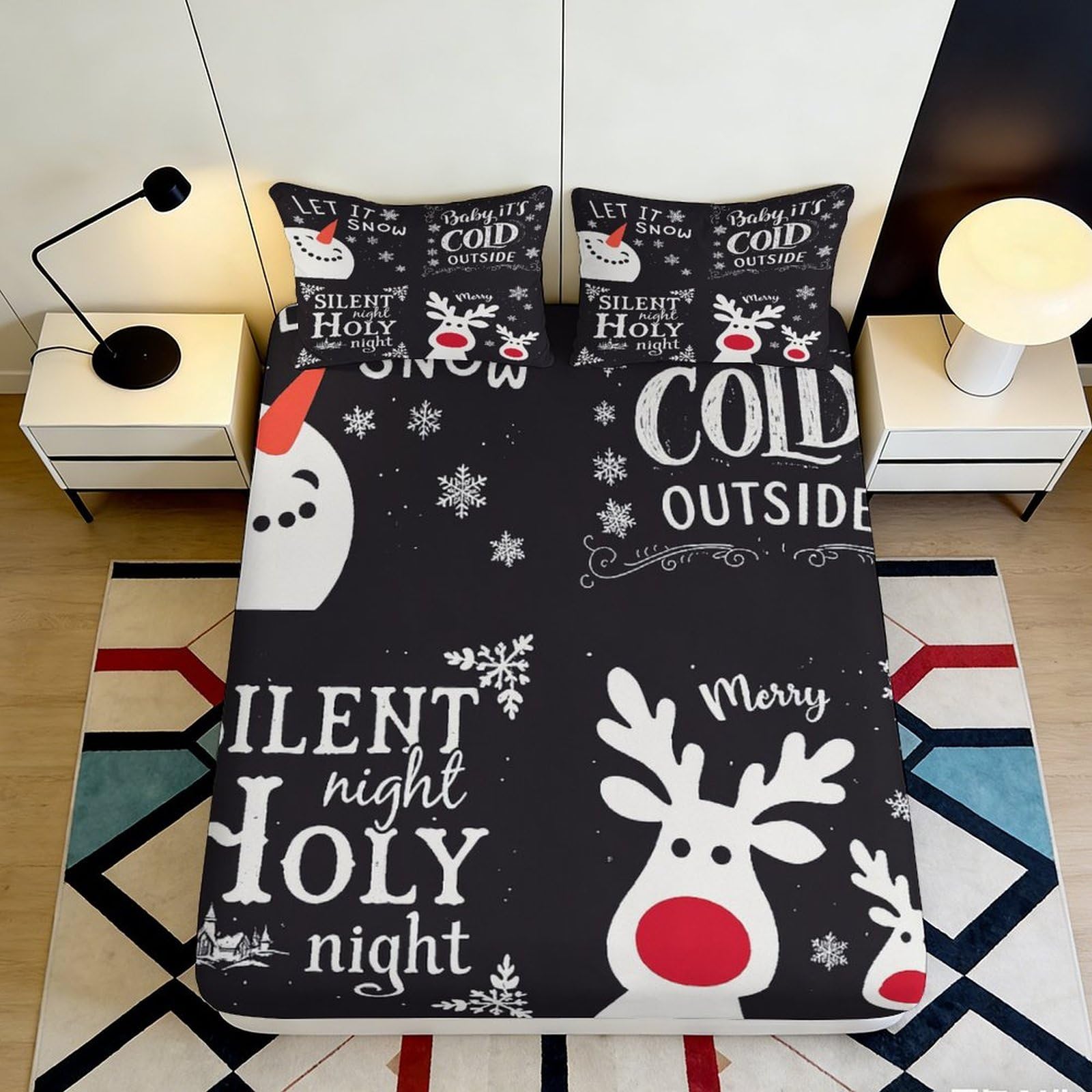 Jqzkxnhpbr Style-10 3D Printed Christmas Reindeer Fitted Sheet Microfiber Soft Black Silent Night Snowman Mattress Cover Bedroom Decor 90X200x25cm