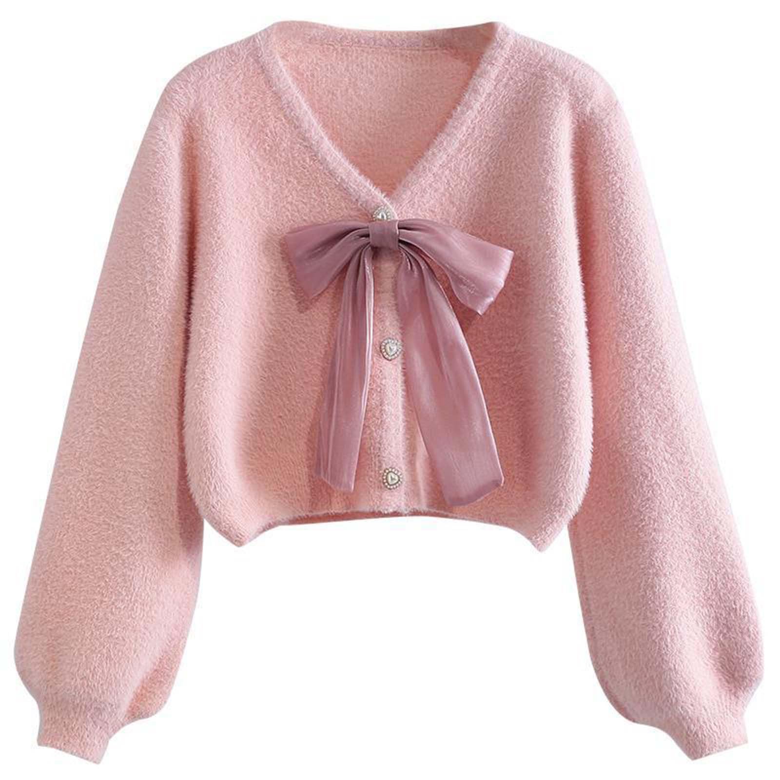 OUMSHBIWomen Jumper Loose Bow Fashion Cardigan Jacket Front Buttons Solid Color Knitted Long Sleeved Bottoming Shirt Comfy Casual Sweater Soft Warm Elastic Pullover Tops Casual Knitwear