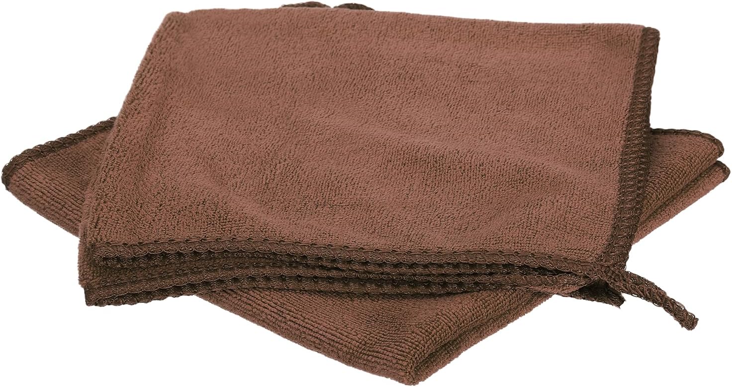 HARFINGTON 2 Pack Microfiber Cleaning Cloth, 14" x 14" Multi-Functional Cleaning Towels Reusable Absorbent Rags with Hook for Car Wash Kitchen Household Window Clean, Brown