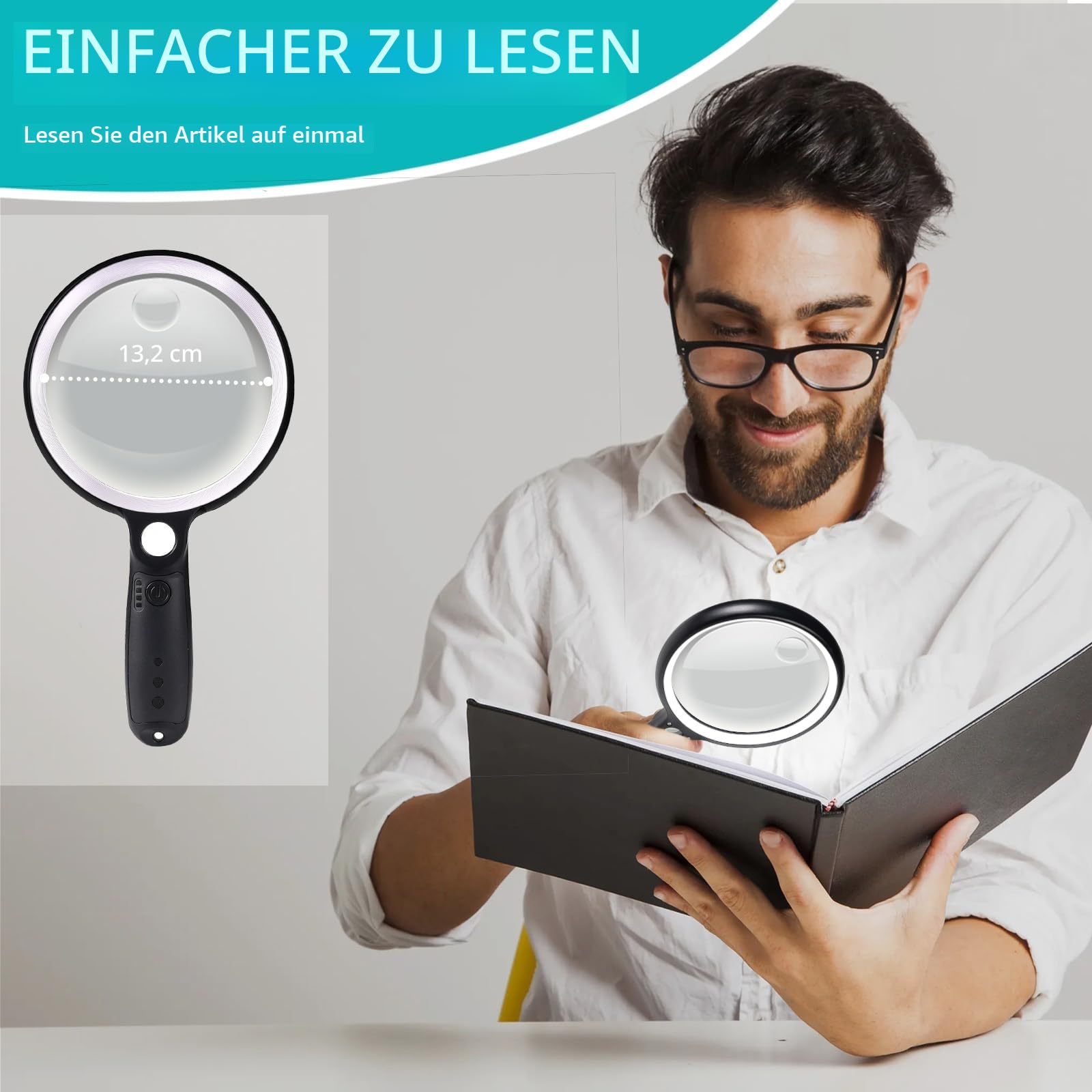 GABORISH Lupe mit Licht USB Aufladbar, 10X 20X 45X Vergrößerungsglas, 37 LED Beleuchtete Handlupe mit 3 Lichtmodi, Leselupe mit Licht für Senioren Groß (Weiß & Schwarz)