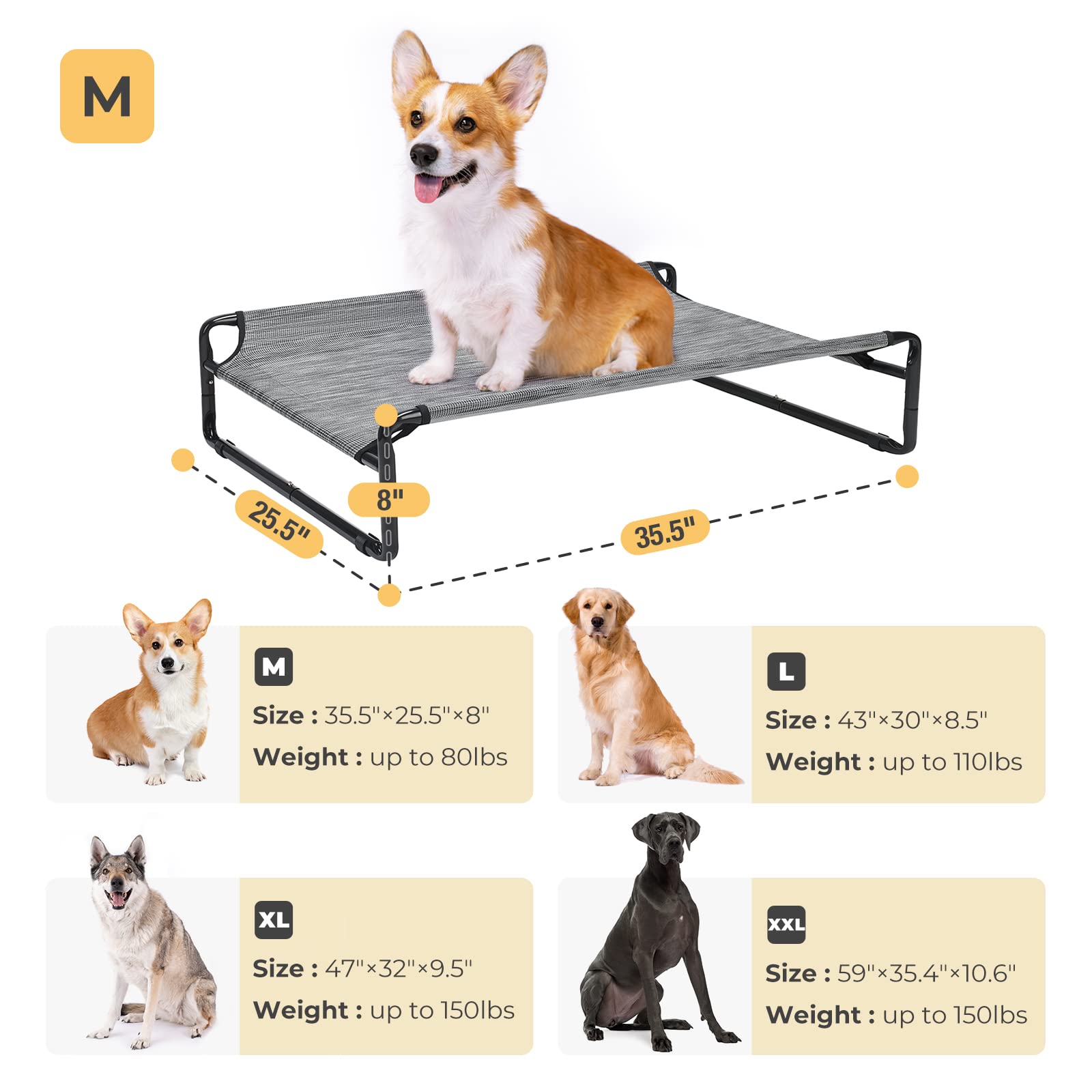 Veehoo Lettino Rialzato per Cani, Dog Bed Outdoor Raffreddamento Elevato Cane Letto per Cani di media taglia, Portatile Standing Pet Letto con Rete Traspirante Lavabile, Piedi antiscivolo, Argento