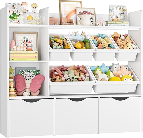 FACBOTALL Organizador de almacenamiento de juguetes con 3 cajones móviles, estantería para niños con 6 contenedores de plástico y 2 cubos de