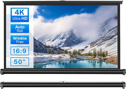50 inch Small Projector Screen, Goldengrainv Retractable Pull Up Screen, Floor Projector Screen, 169 4K Portable Screen for Projector, Roll Down Movie Screen for Gaming Indoor, Mini White Screen