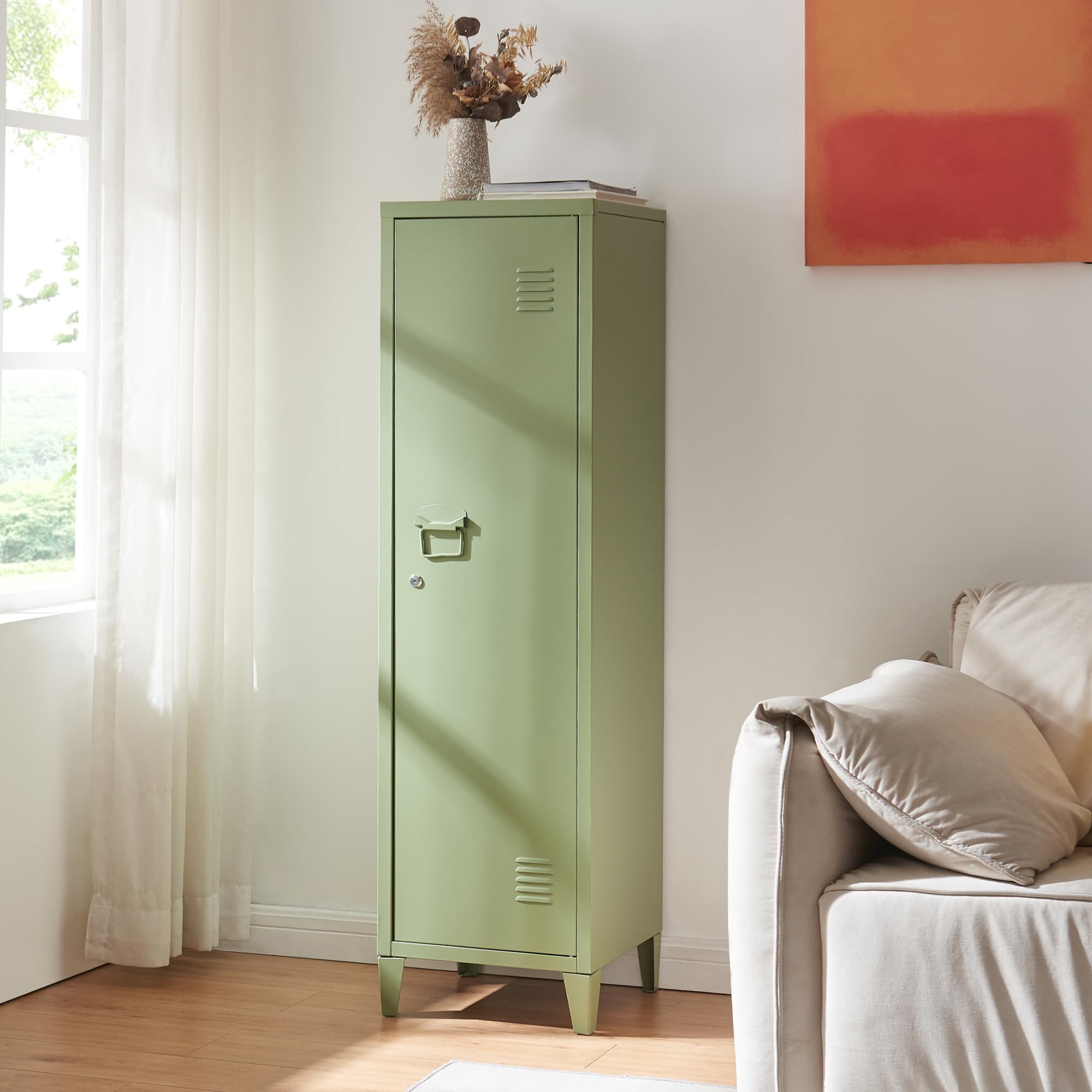[en.casa] Pojedyncza szafka kurikka metalowa z 2 półkami 137 x 38 x 38 cm zamykana szafka z szafką metalową, szafa garderobiana, oliwkowa zieleń