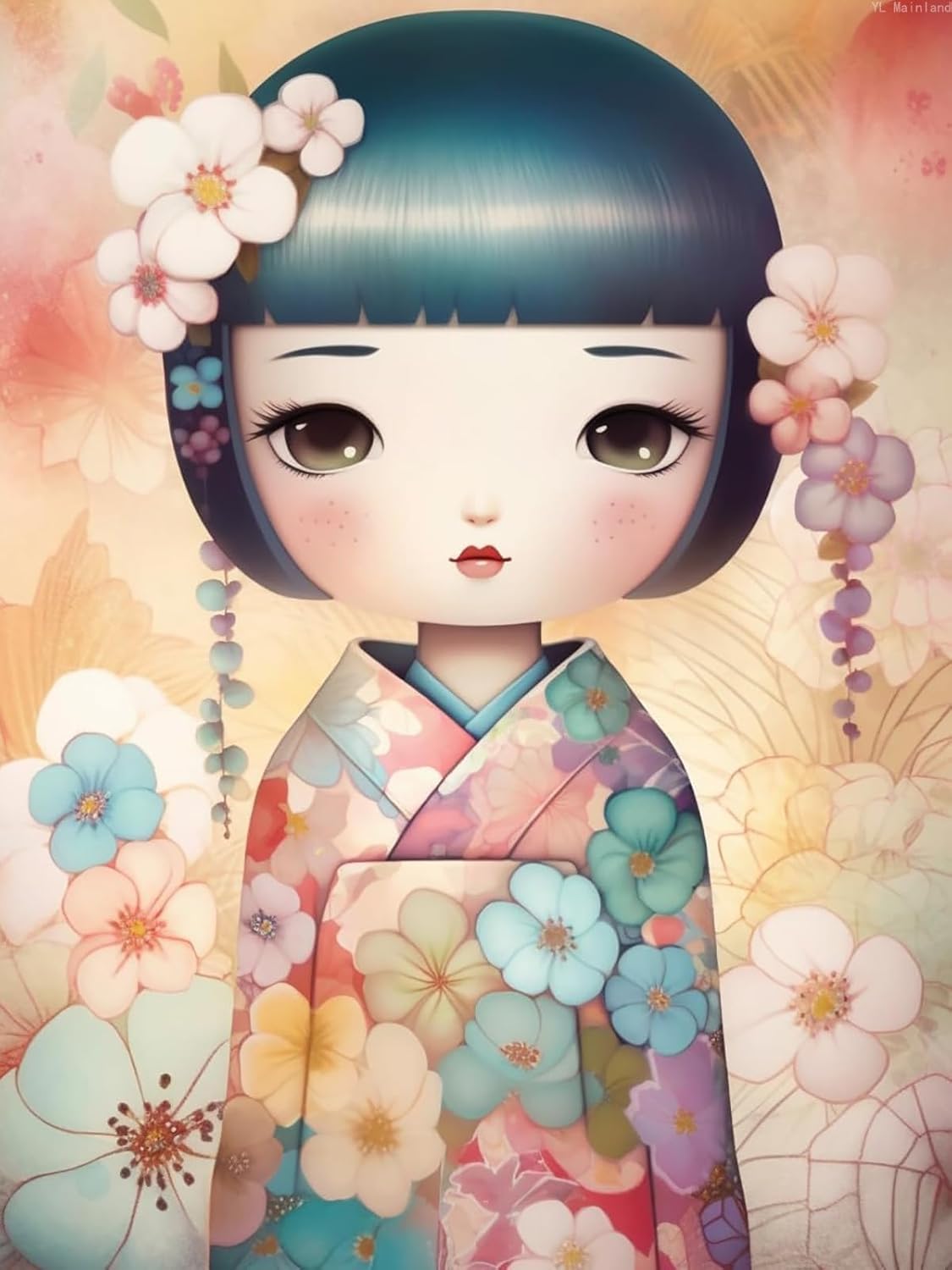 Diamond Art Painting Kits for Adults, Kimono Geisha Japanese DIY Full Round Drill Paint with Diamond Dots, Home Wall Decor 12x16 Inch