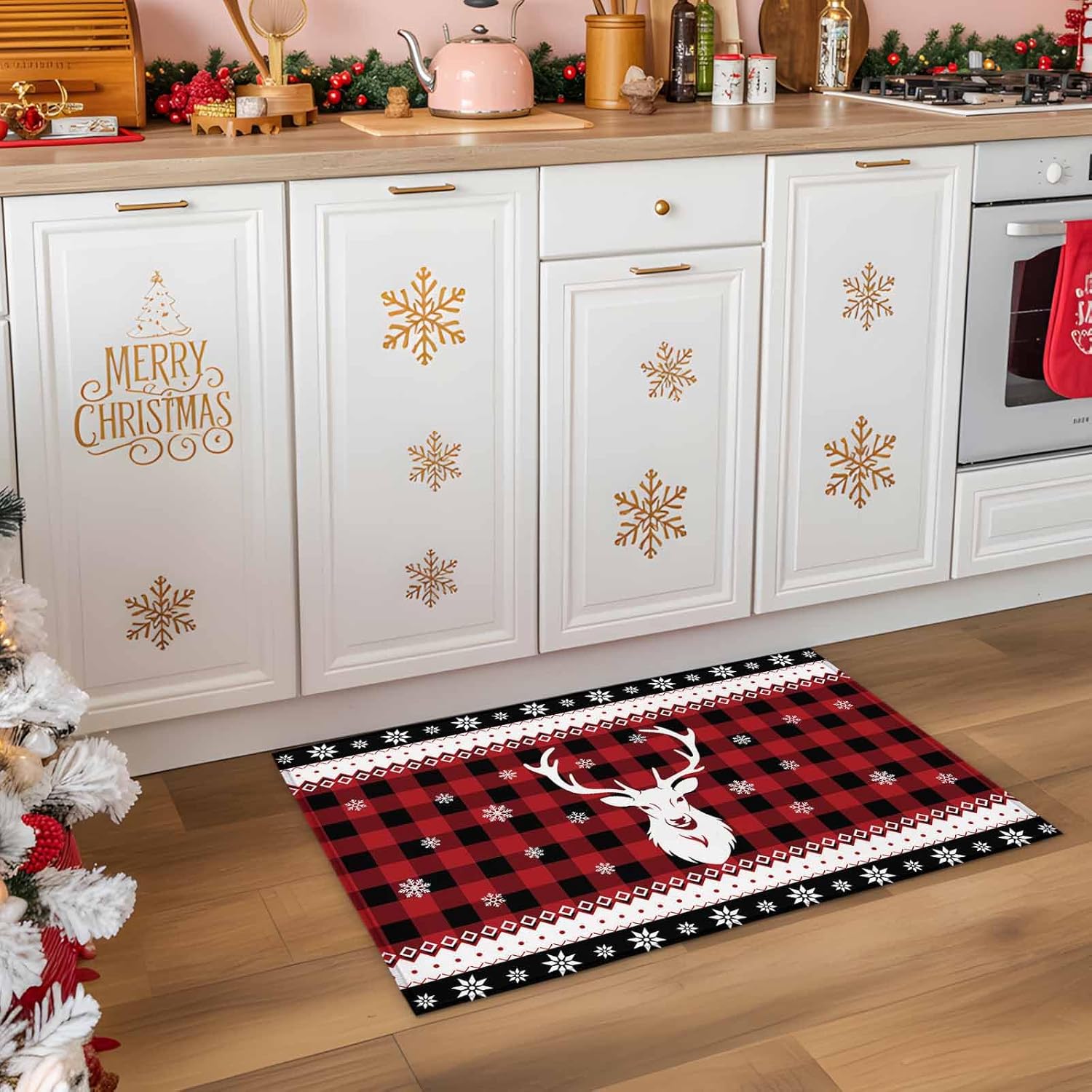 Christmas Entrance Floor Mat Elk Snowflake Welcome Doormat Red Black Check Plaid Non Slip Entry Rugs for Bathroom Kitchen Home Front Decor 18x30inch