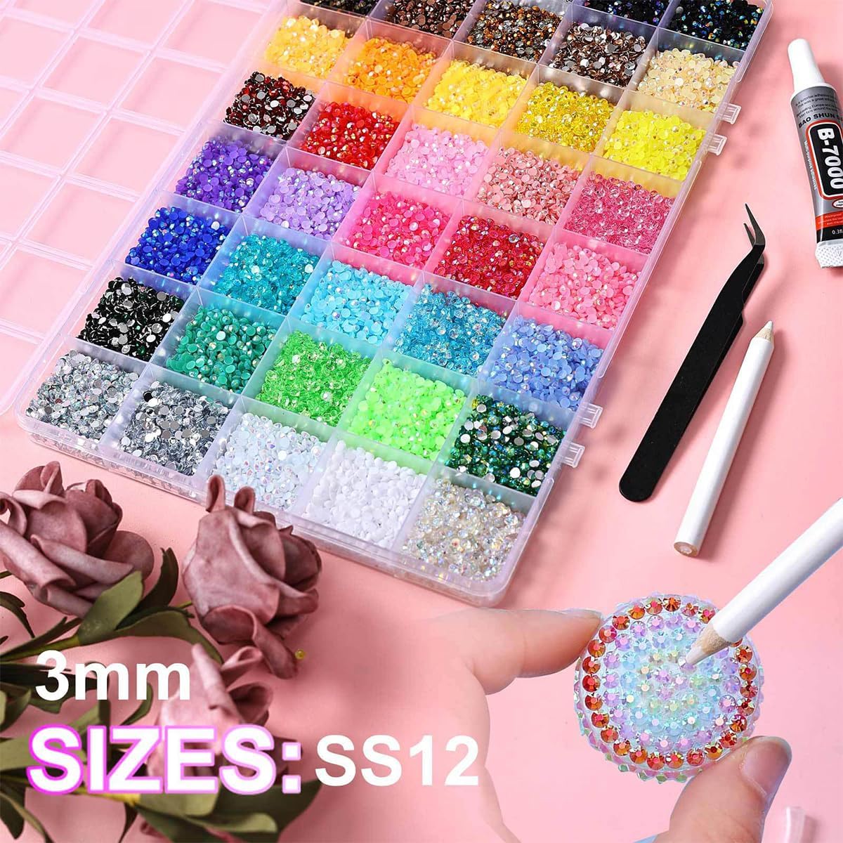 Bedazzler Kit 40 Colors Resin Jelly Rhinestones for Bedazzling, 3mm 40000 Pcs Flatback Gems for Crafting, Bedazzling Kit with 3Pcs B7000 Glue for Clothing Shoes Nail Book Diamond Art Bedazzled Kits