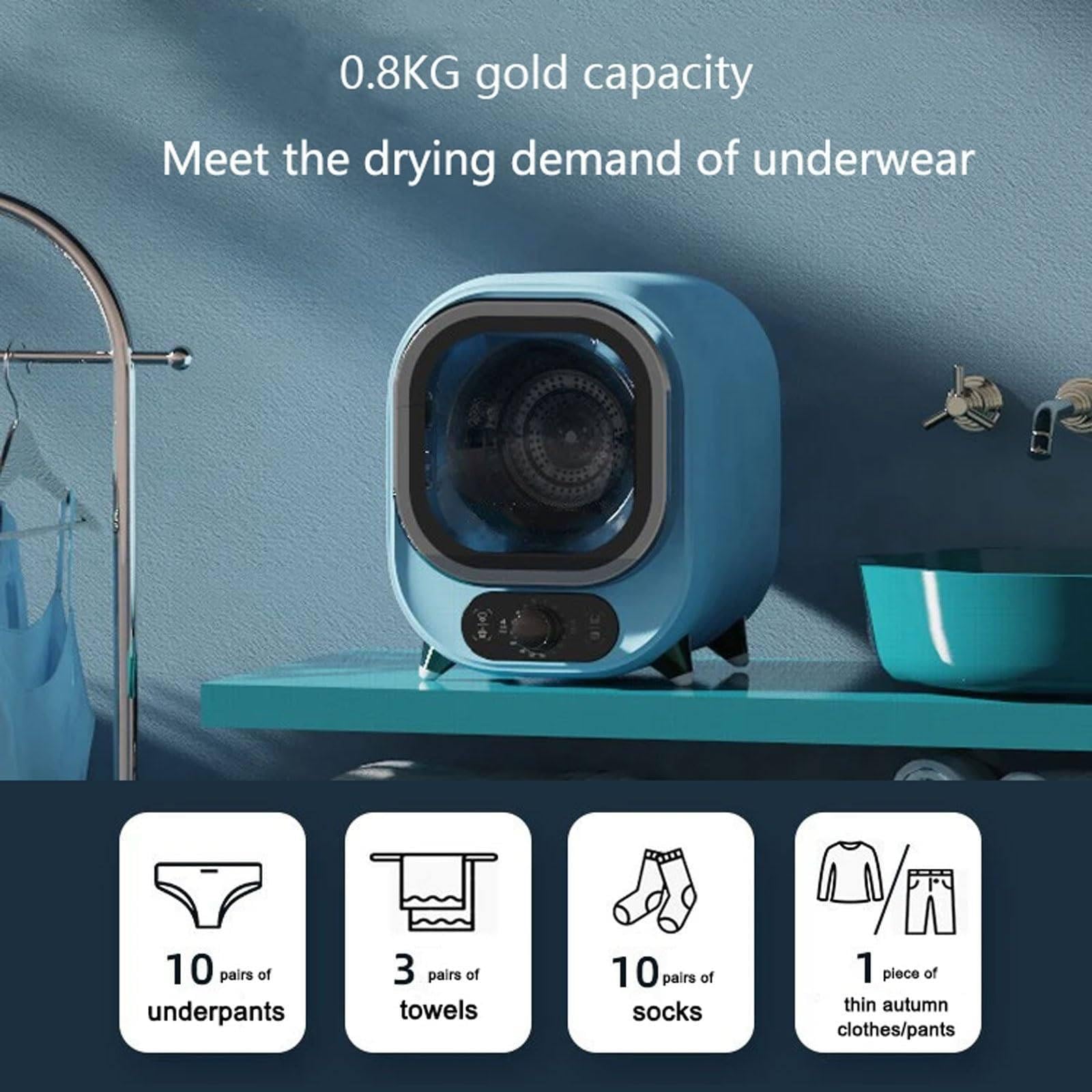 Secadora De Condensación Portátil De 5 Kg, 5 Modos De Secado Y Temporizador De 0 a 200 Minutos, Secado con Aire Caliente/Frío 3D, para Uso sobre Encimera O Montaje En Pared Blue