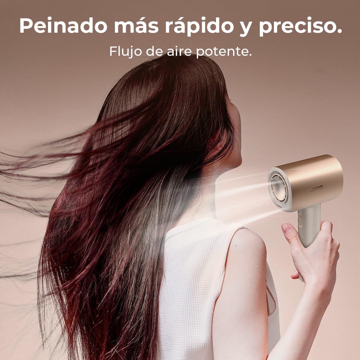 Cecotec Secador de Pelo Brushless de Última Generación DryGlam Nano Plasma Champagne. Potencia de 110,000 RPM y 1600W, Función de Plasma, Gran Flujo de Aire, Duradero, 3 Temperaturas y 3 Velocidades