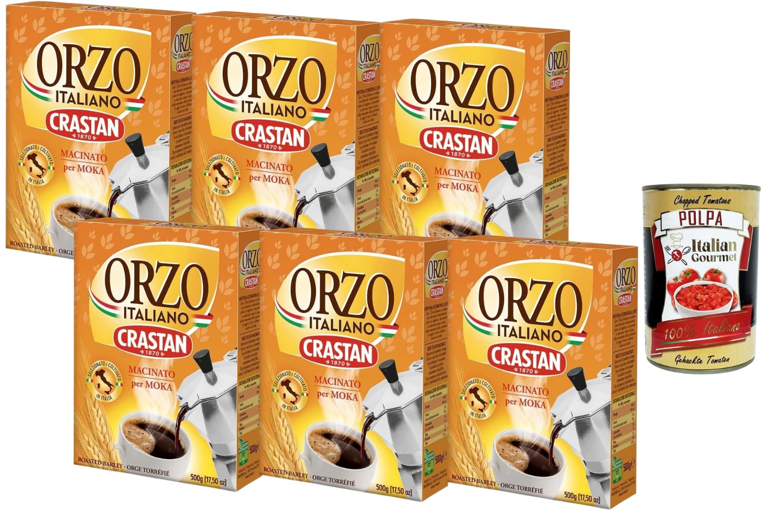 Italian Gourmet - Crastan - Orge Torréfiée Italienne Moulue pour Moka – Orzo Italiano Crastan – Alternative au Café Sans Caféine – Goût Toasté Intense, Pour Cafetière 6 x 500 g + Italian Gourmet Polpa