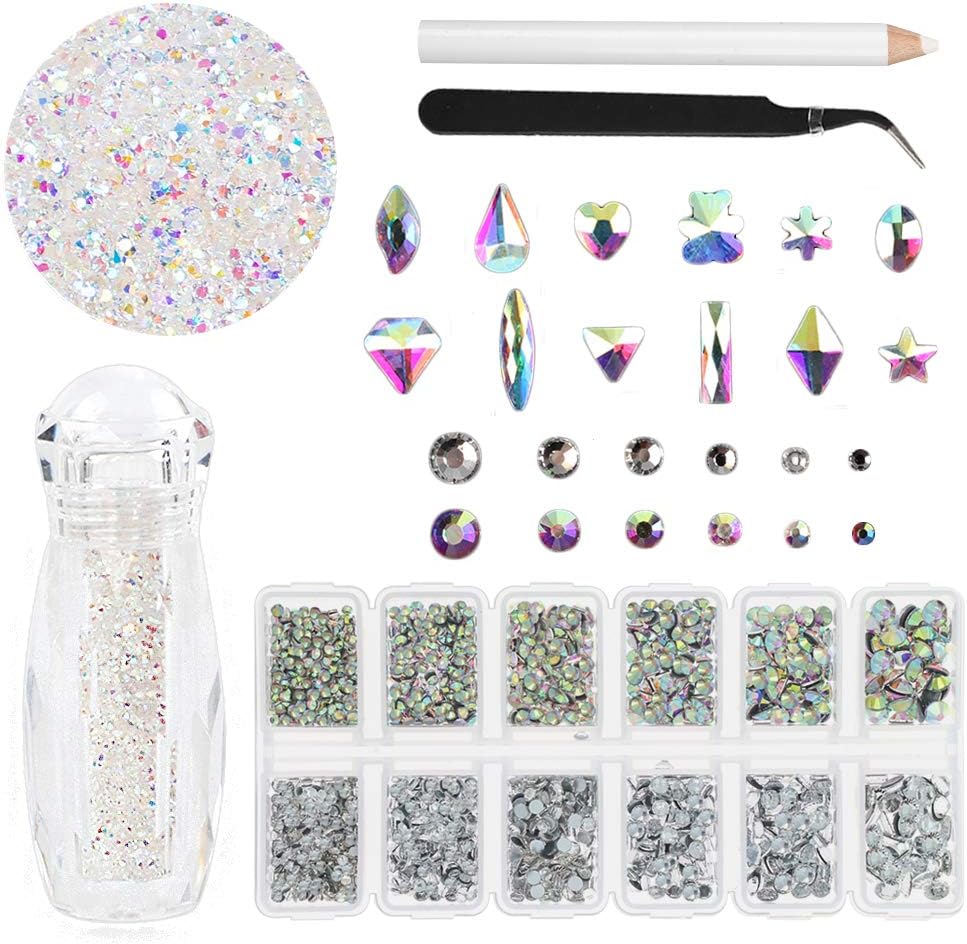LIMGLIM 7272pcs Nail Art Rhinestones 36pcs AB Multi Shapes Flatback Gems, 1 Bottle of Mini 1.2mm Micro Rhinestones, 2736pcs Flatback Rhinestones for Nail Arts