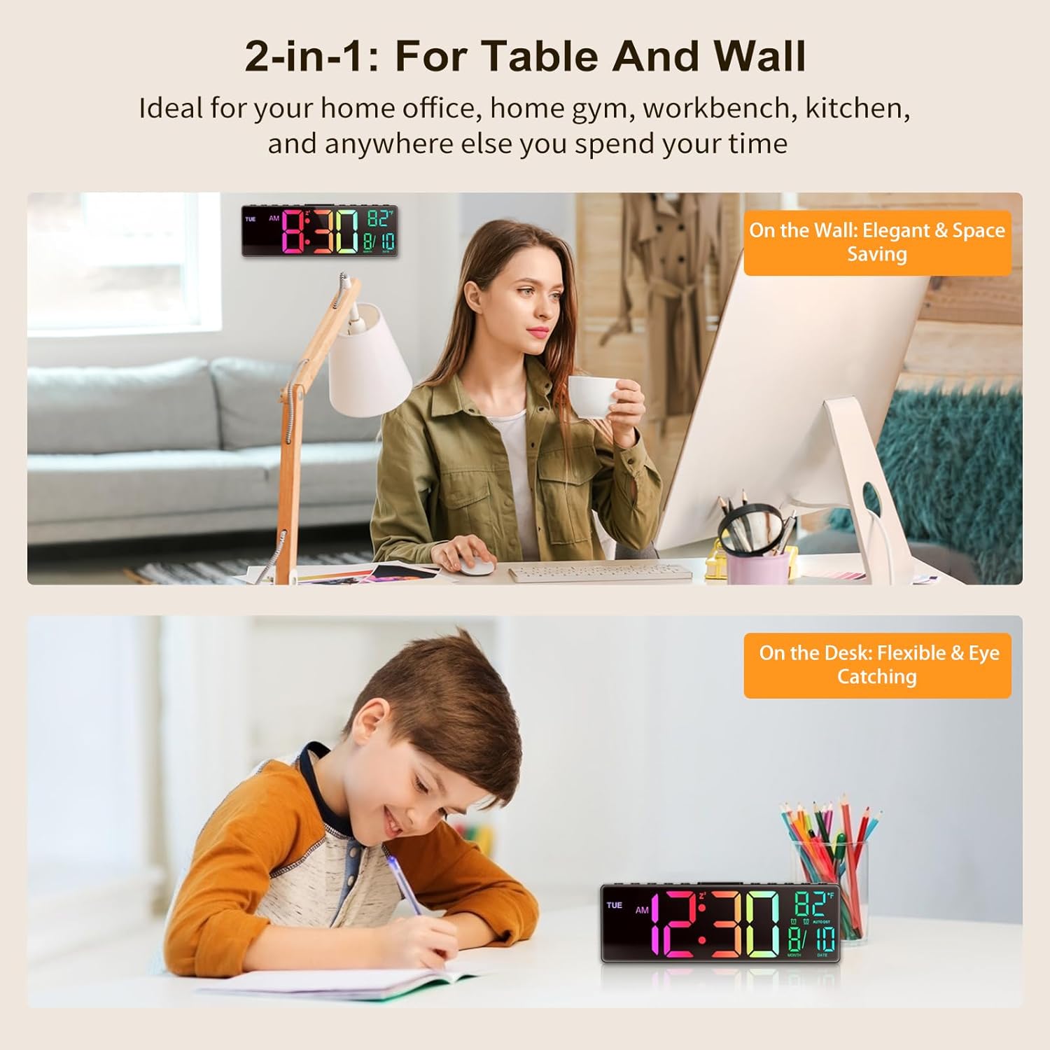HUO JI RGB Digital Clock used on a desk and mounted on a wall