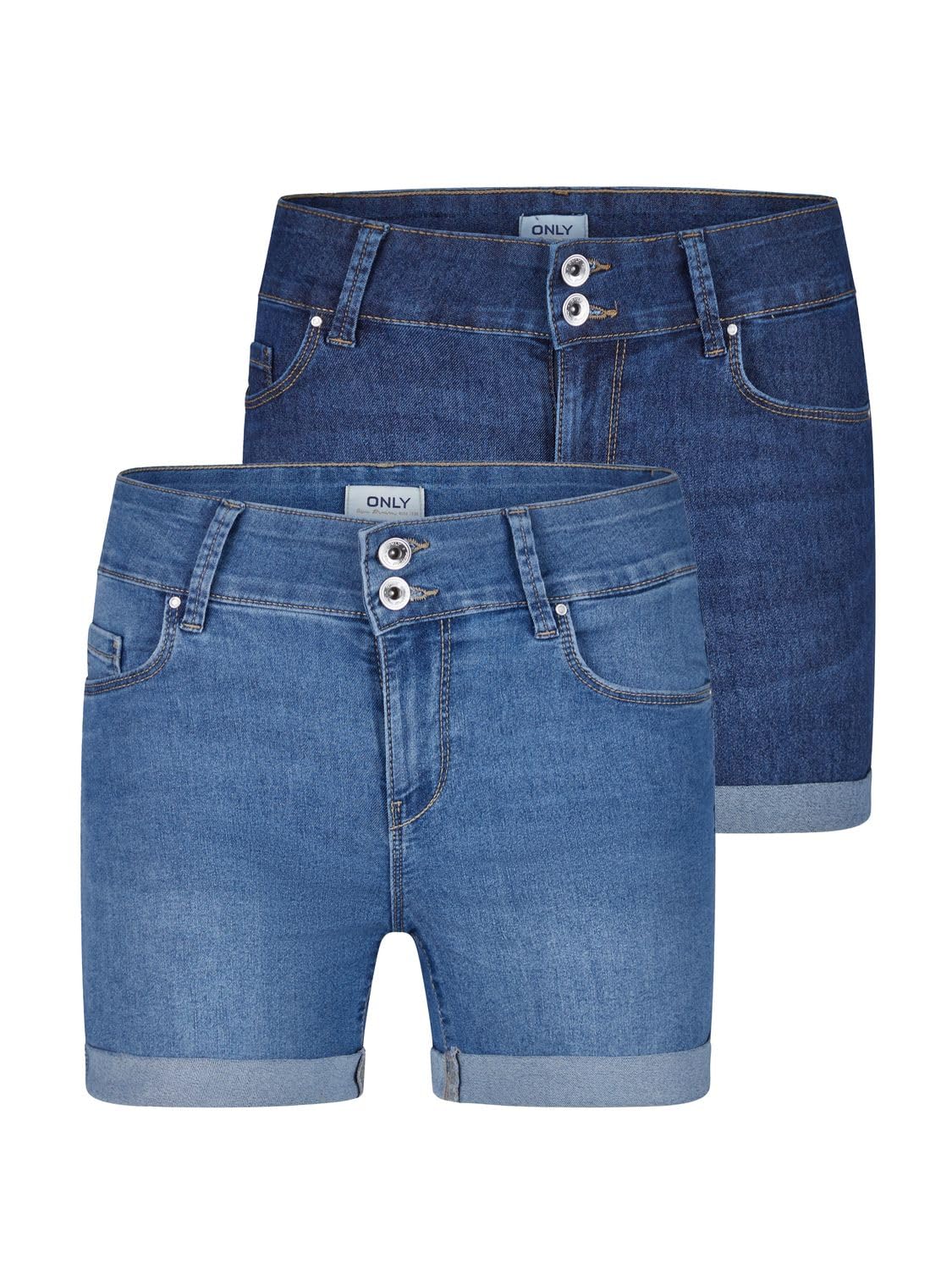ONLY ONLCARMEN Lot de 2 shorts en jean stretch pour femme - Coupe skinny - Taille moyenne - Basique - Bleu - Noir - Tailles S, M, L, XL, XXL