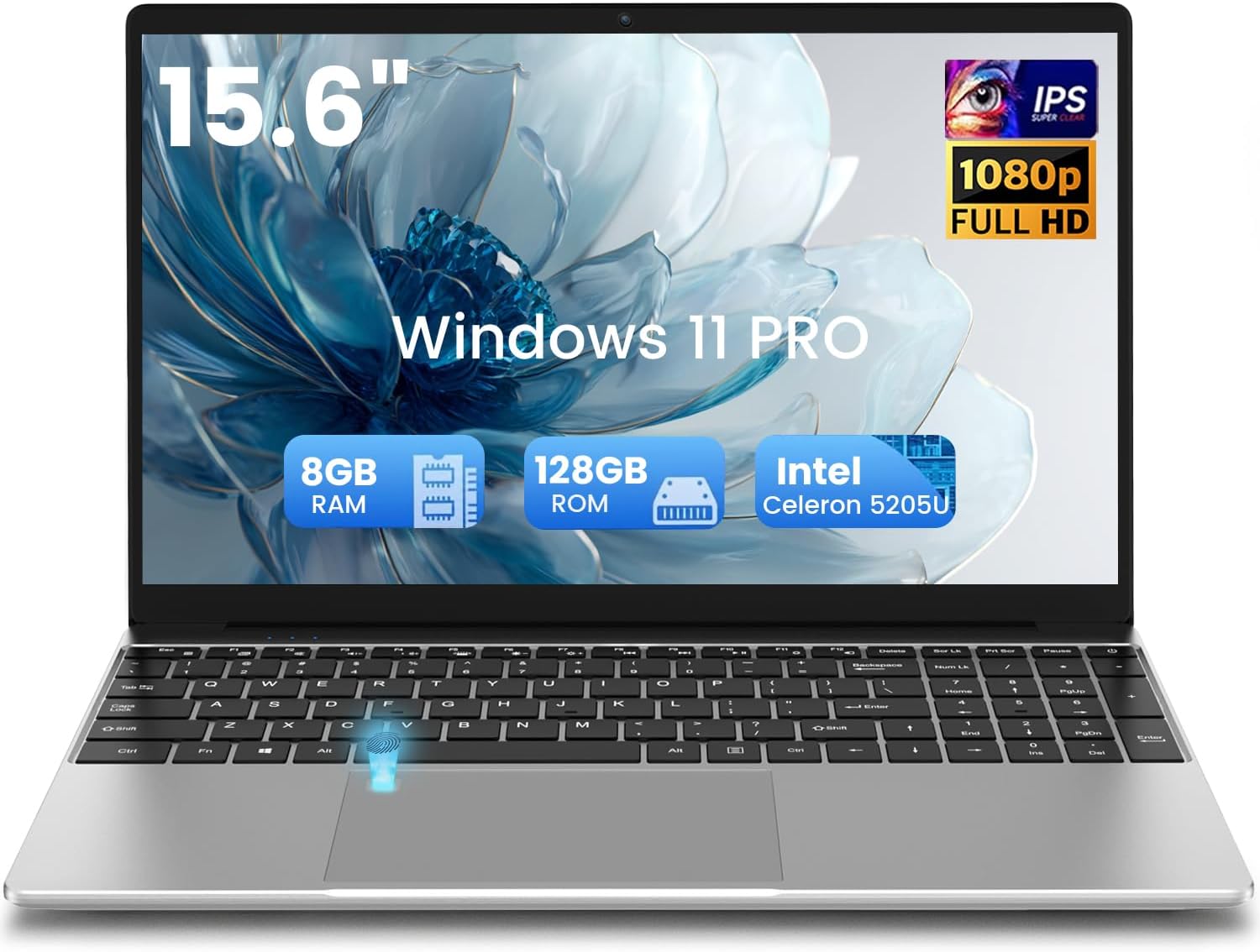 2026 Laptop PC 15.6 Inch Win11 Pro Celeron 5205U Laptop 8GB RAM 128GB SSD IPS FHD 1920*1080 Laptop USB 3.0 Mini HDMI Notebook with Backlit Keyboard Unlock for Impront