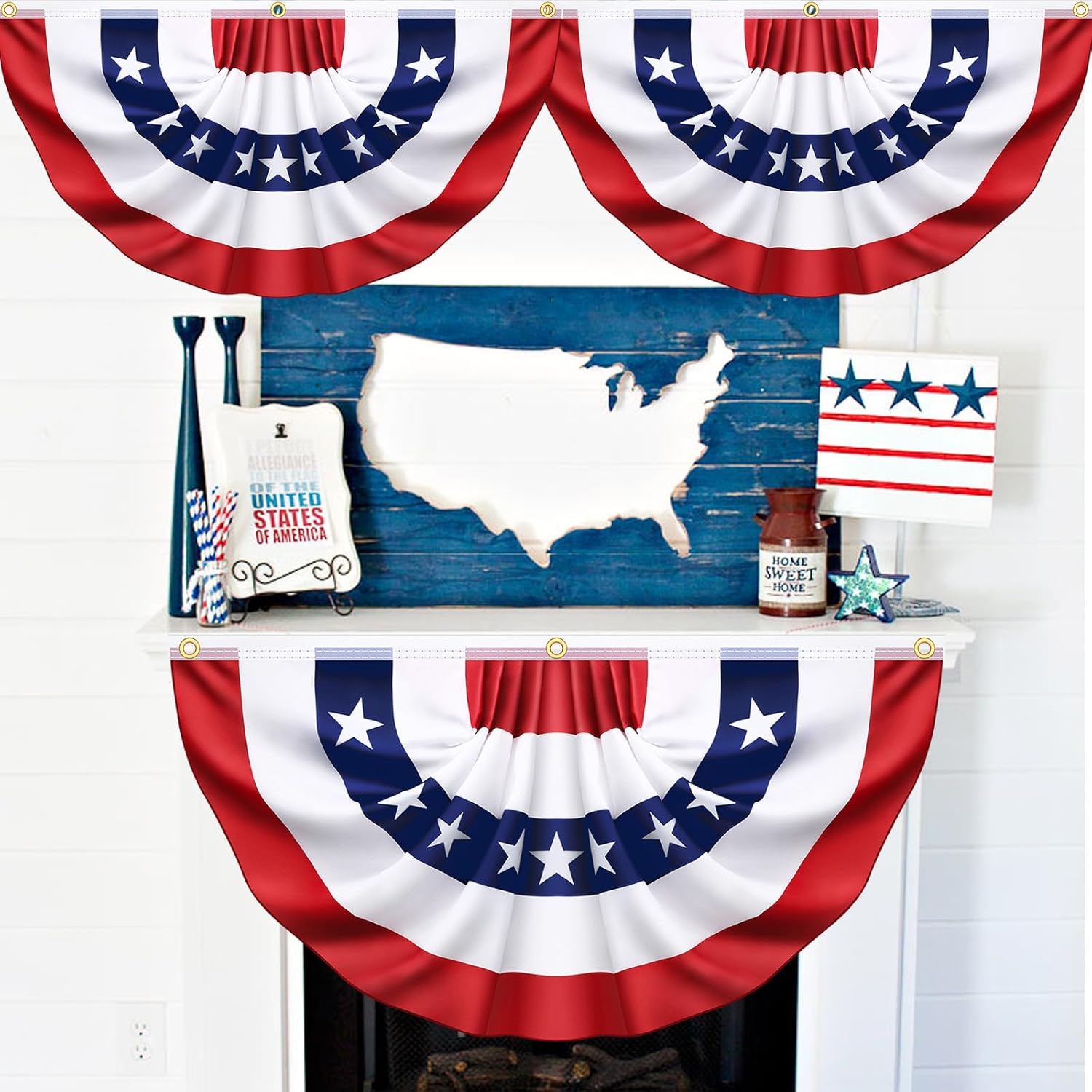 4 Pack USA Pleated Bunting Fan Flags, 1.5x3 Ft Patriotic Half Fan Banner American Flag Decoration Bunting for Outside Red White and Blue Decor Independence Day Memorial Day 4th of july Decorations