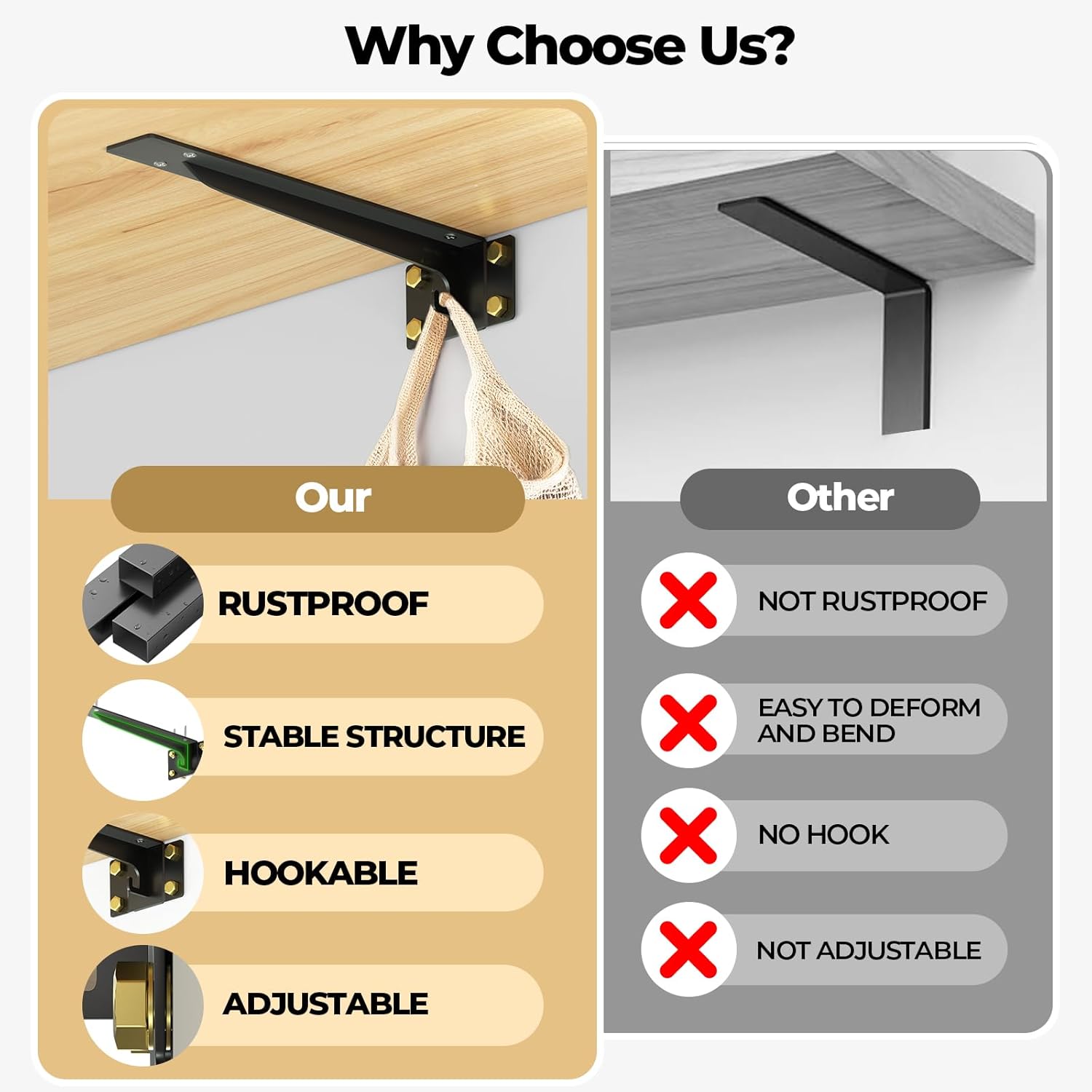 8" Heavy Duty Shelf Brackets (Set of 6) - 1500 lbs Capacity, Hooks for Wall Mounted Shelves,L-Shaped Floating Shelf Brackets with Hanging - Industrial Strength, Black