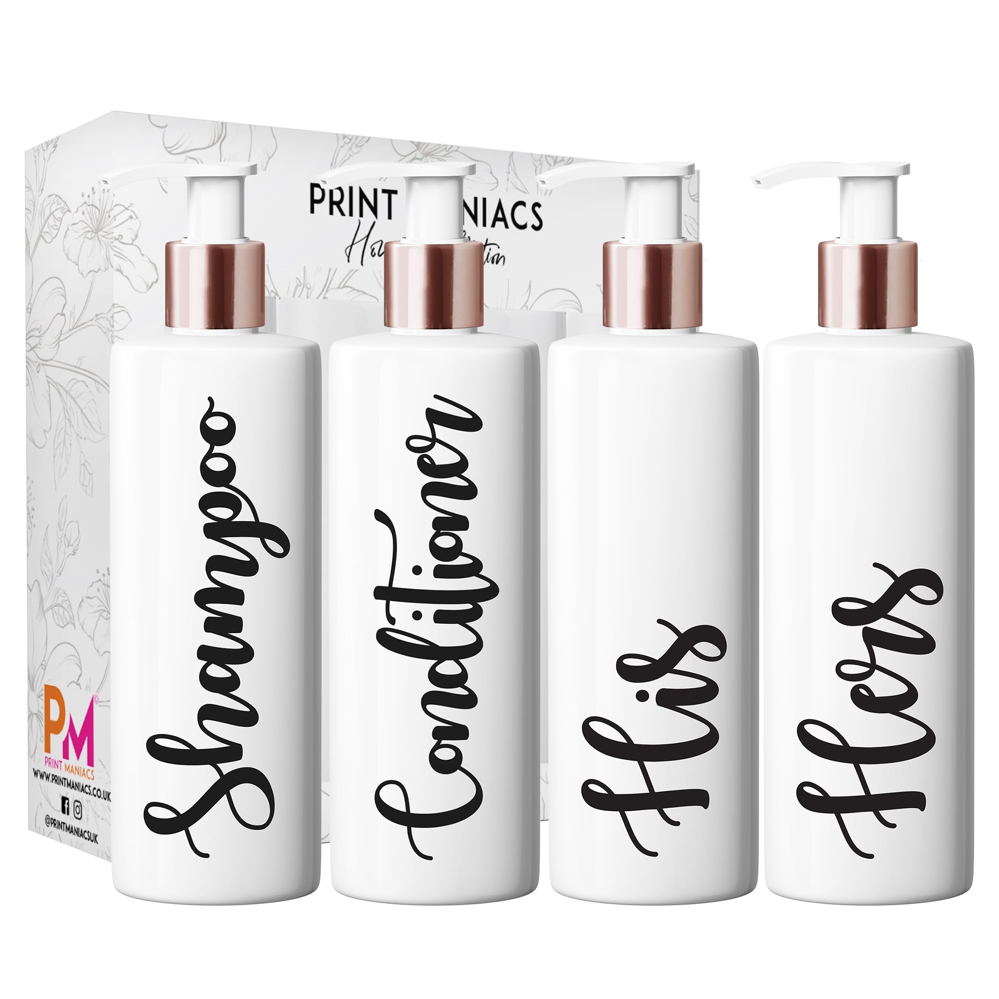 Print Maniacs White Mrs Hinch Inspired Personalised 500ml Bottles Bathroom Lotion Kitchen Shampoo Conditioner Rose Gold Pump (Set 4 His Hers) (Black)