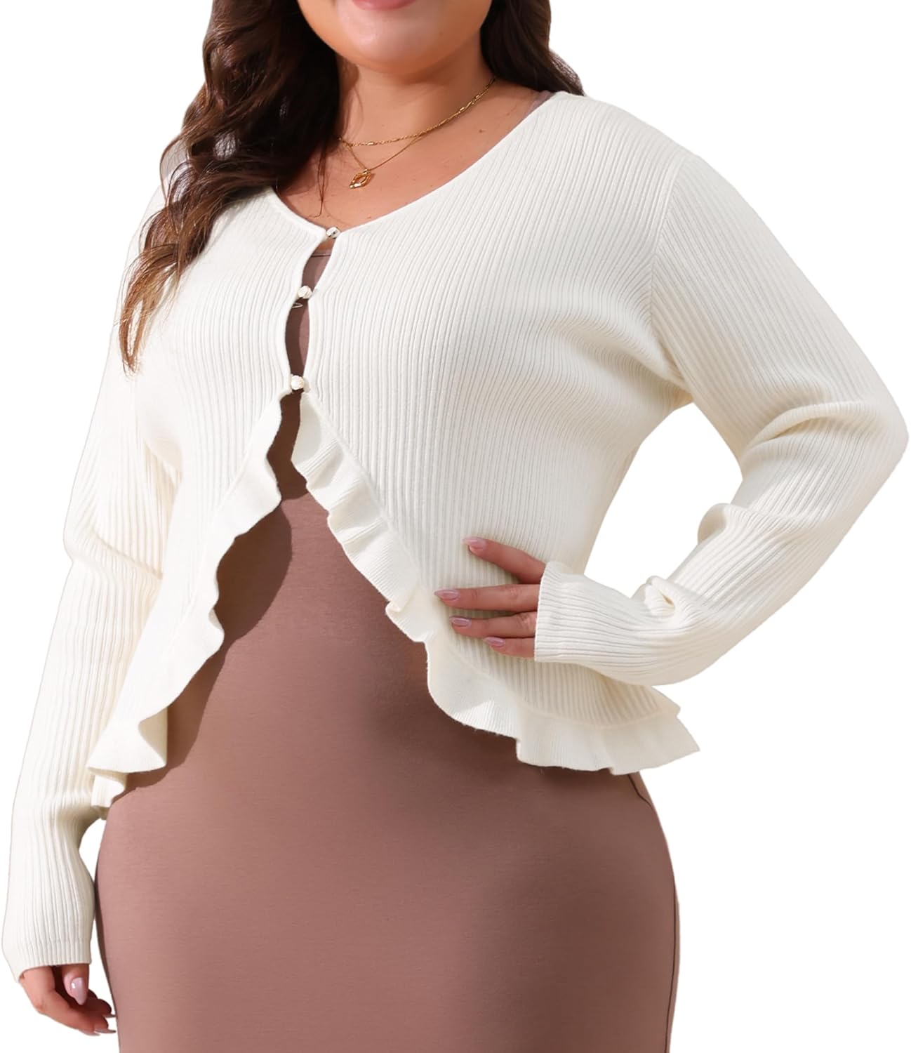 Agnes Orinda Plus Size Cardigans for Women Long Sleeve Knit Sweater Open Front Ruffled Button Cardigan Outerwear