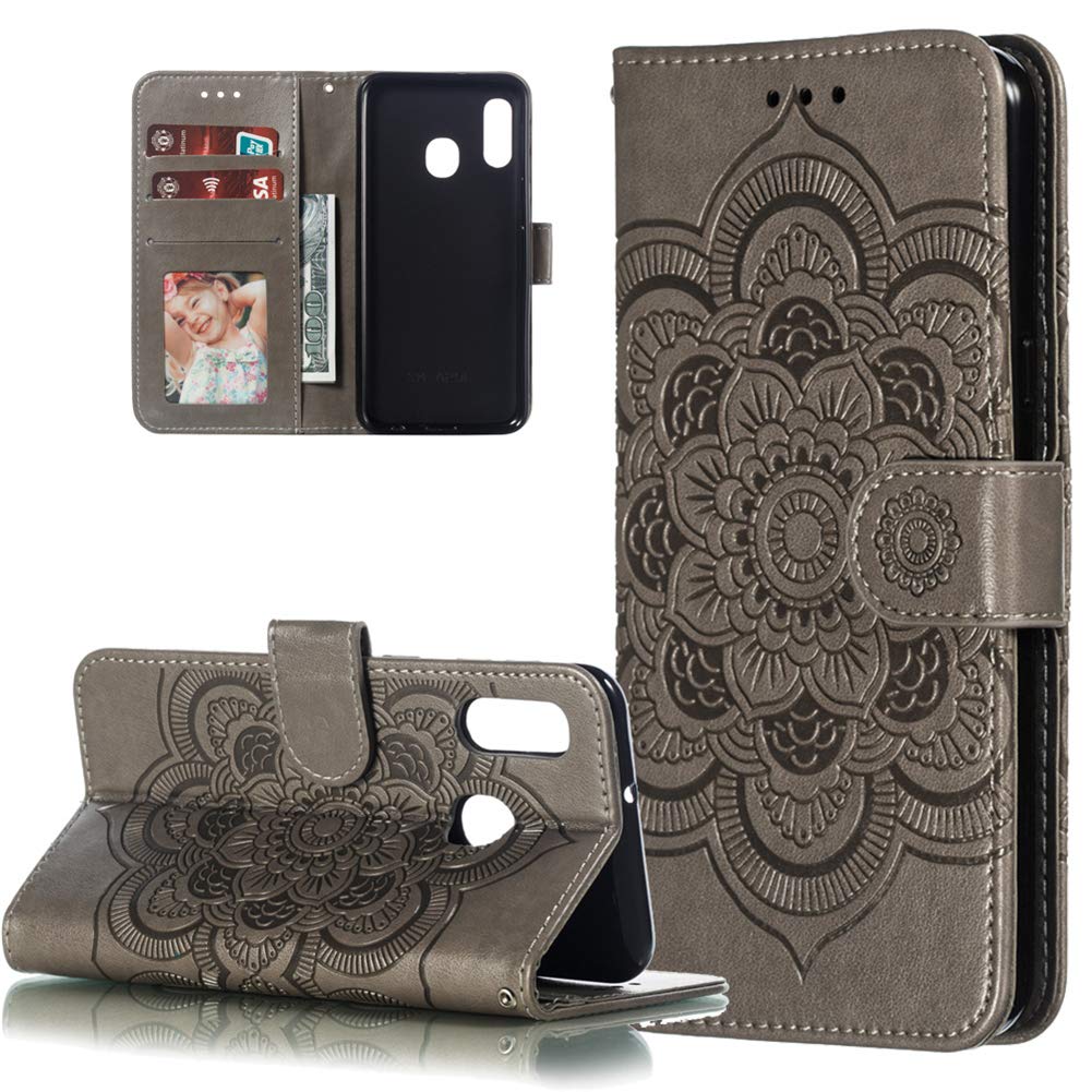 HMTECHUS Huawei P30 Lite case Embossing Durable Shell Card Slots Holder Luxury PU Leather Wallet Bookstyle Magnetic Stand Shockproof Protection Flip Cover for Huawei P30 Lite Mandala Gray LD