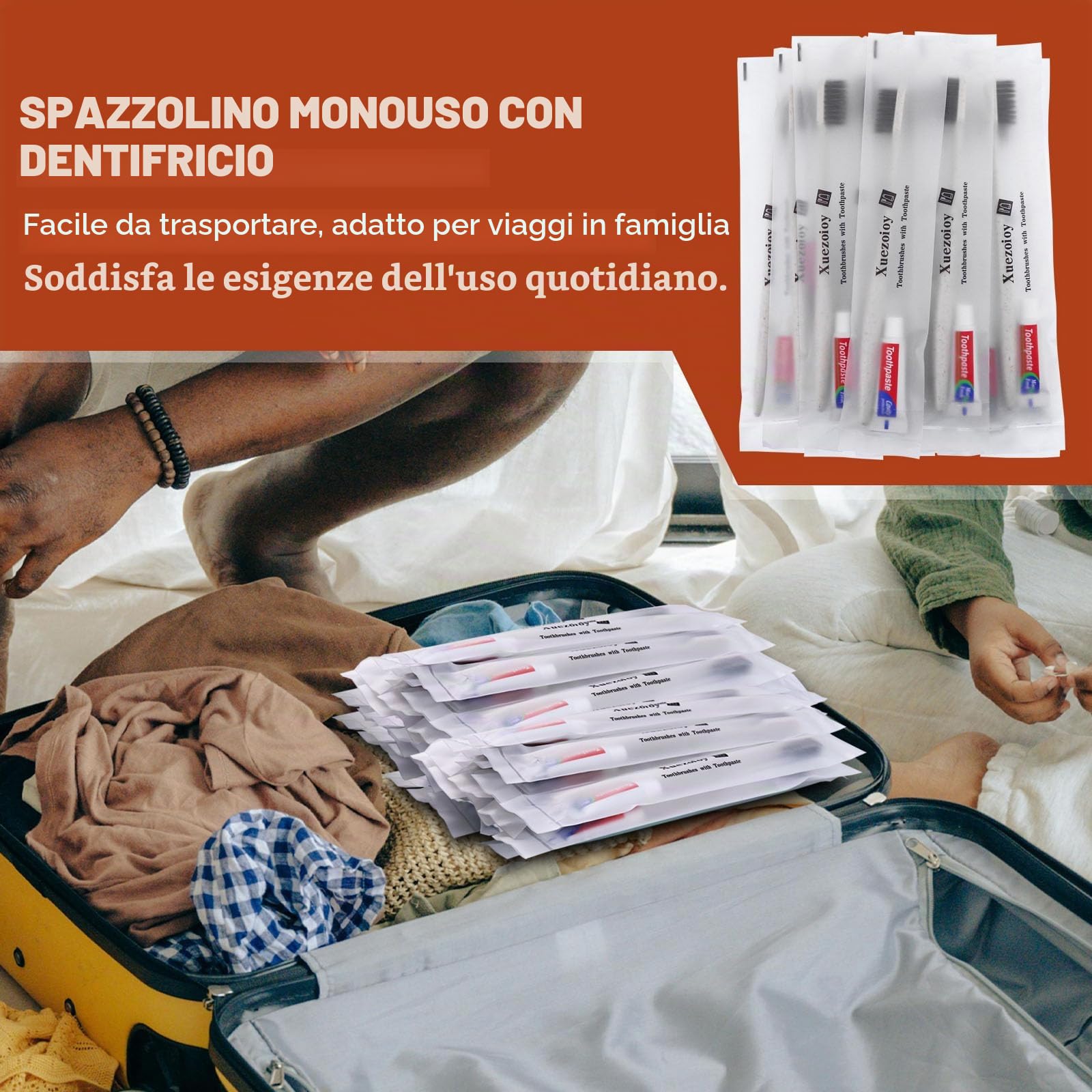 Spazzolini da Denti Monouso,100 Set Albicocca Confezionati Singolarmente Spazzolino da Denti Usa e Getta con Dentifricio Alla Rinfusa per Senzatetto,Casa di Cura,Hotel,Beneficenza,Viaggio