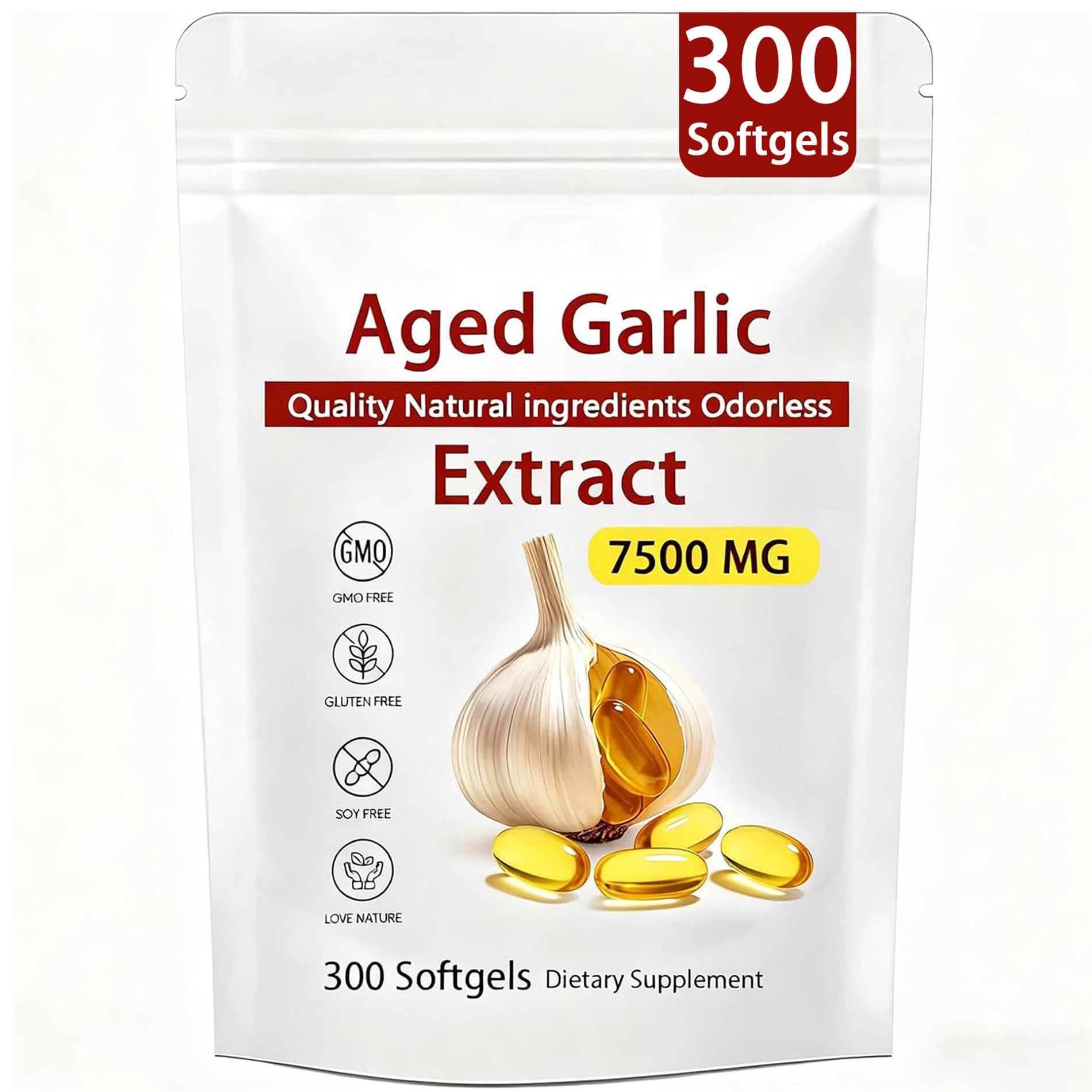 Aged Garlic Extract 300 Count 7500mg Odorless Organic Garlic Supplement for Heart Immune Support Non-GMO All-Natural Softgels 2-Year