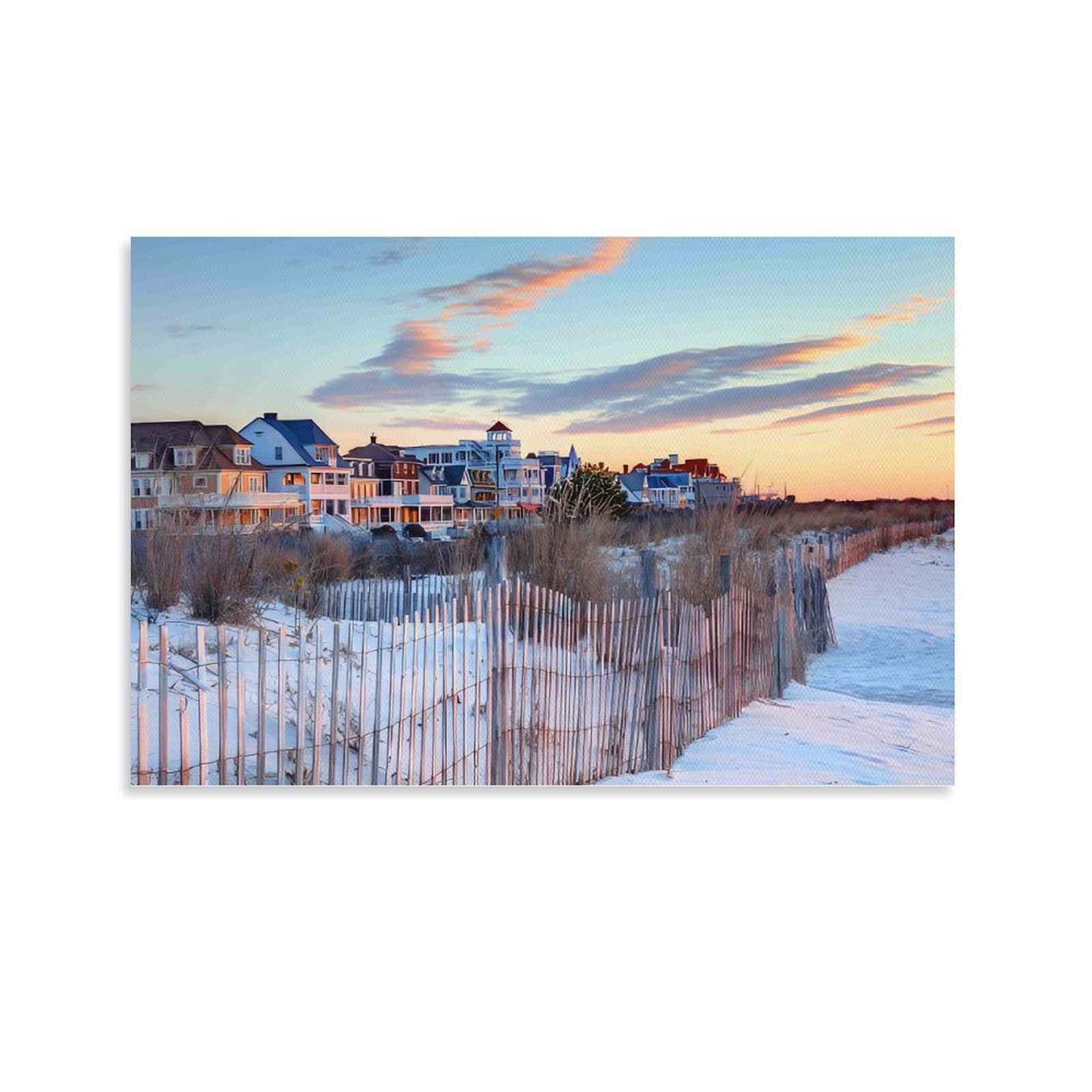 CPLVKWRQJ Snowy Beach Houses Individual Beach Houses Sunset Wooden Fence Shore Framed Canvas Art - Living Room Focal Point Fade Resistant Gallery Wall Decor 20x30inch(50x75cm)