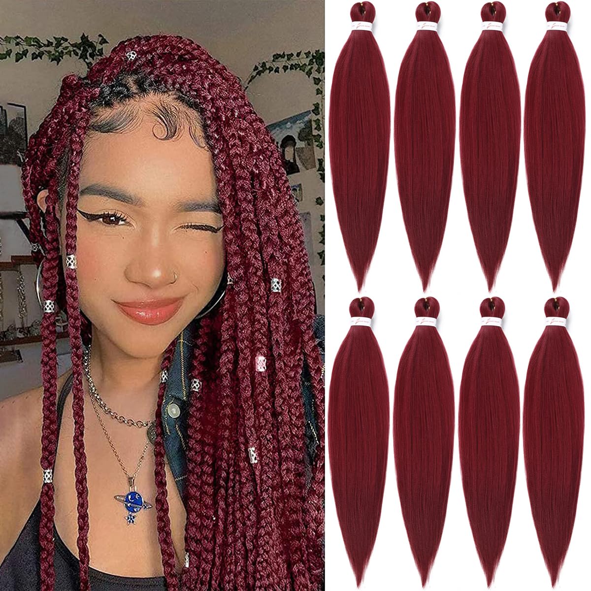 Burgundy Braiding Hair Pre Stretched 30 Inches Wine Red EZ Braiding Hair Yaki Texture 8 Packs/Lot Braid Hot Water Setting Professional Synthetic