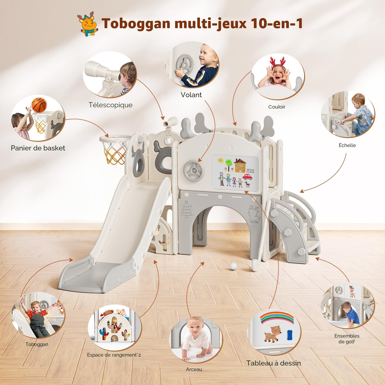 Toboggan pour Tout-Petits sur Le thème de l'élan de Noël de Krovtoy, Toboggan pour Tout-Petits Autonome avec Ensemble de Golf, pour Une Utilisation intérieure/extérieure (Beige Gris- 6 en 1)