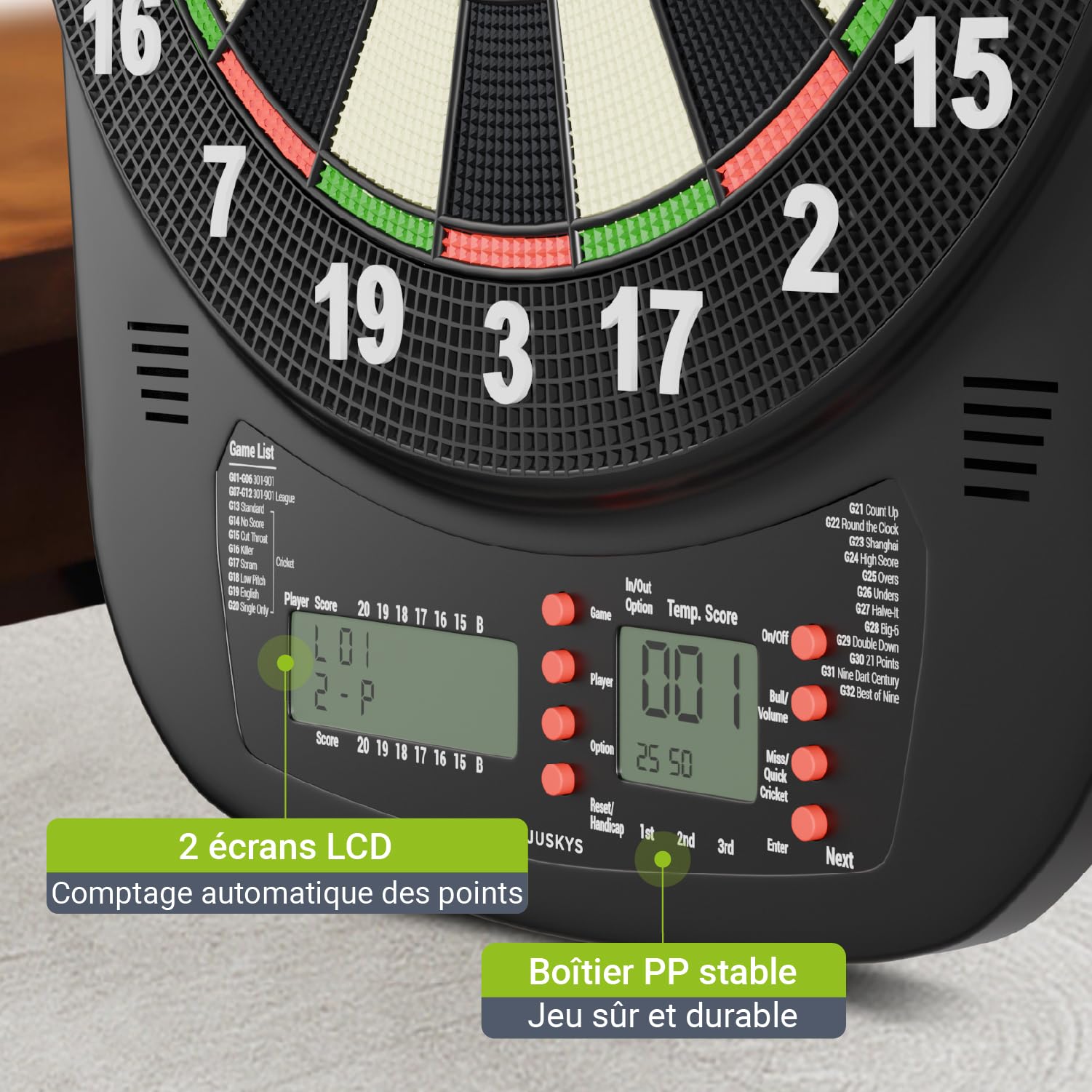 Juskys Cible électronique – Dartboard avec 32 Jeux & 359 Variantes, USB-C, Jusqu’à 8 Joueurs