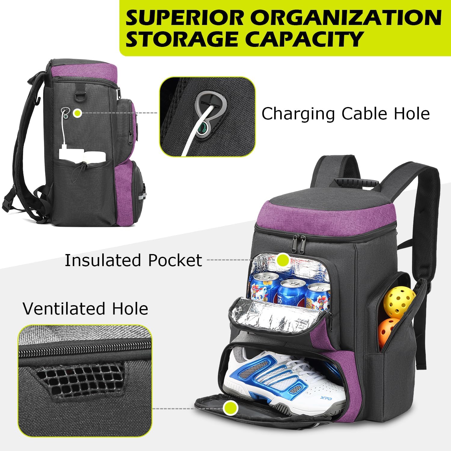 HAMBOLY Pickleball Bag for Men & Women, Large Pickleball Backpack with Shoes Compartment and Cooler, Fence Hook Design - Image 3