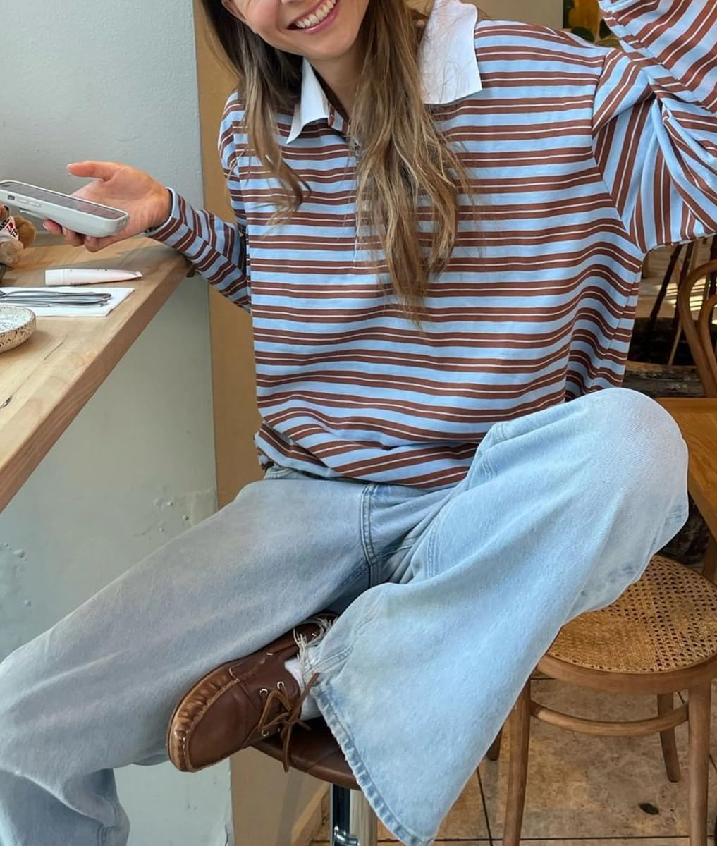 Women Striped Oversized Sweatshirt Color Block Rugby Polo Sweatshirts Vintage Long Sleeve Fall Pullover Tops - Image 2