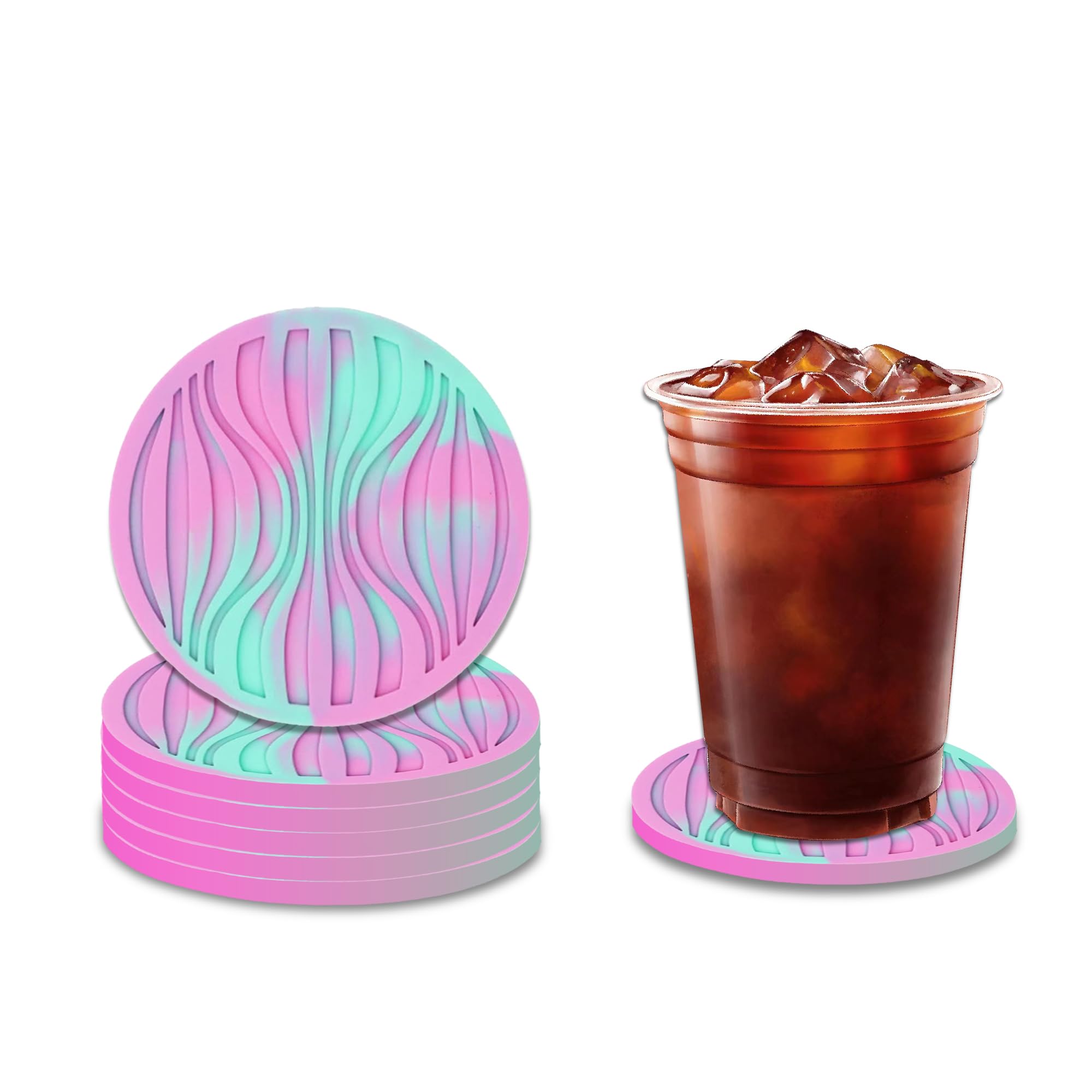 Silicone Coasters Set of 6 Non-Slip Heatproof Waterproof for Kitchen Dining Table Bar Home Decor Colorful Durable Easy Clean (Rose green camouflage)