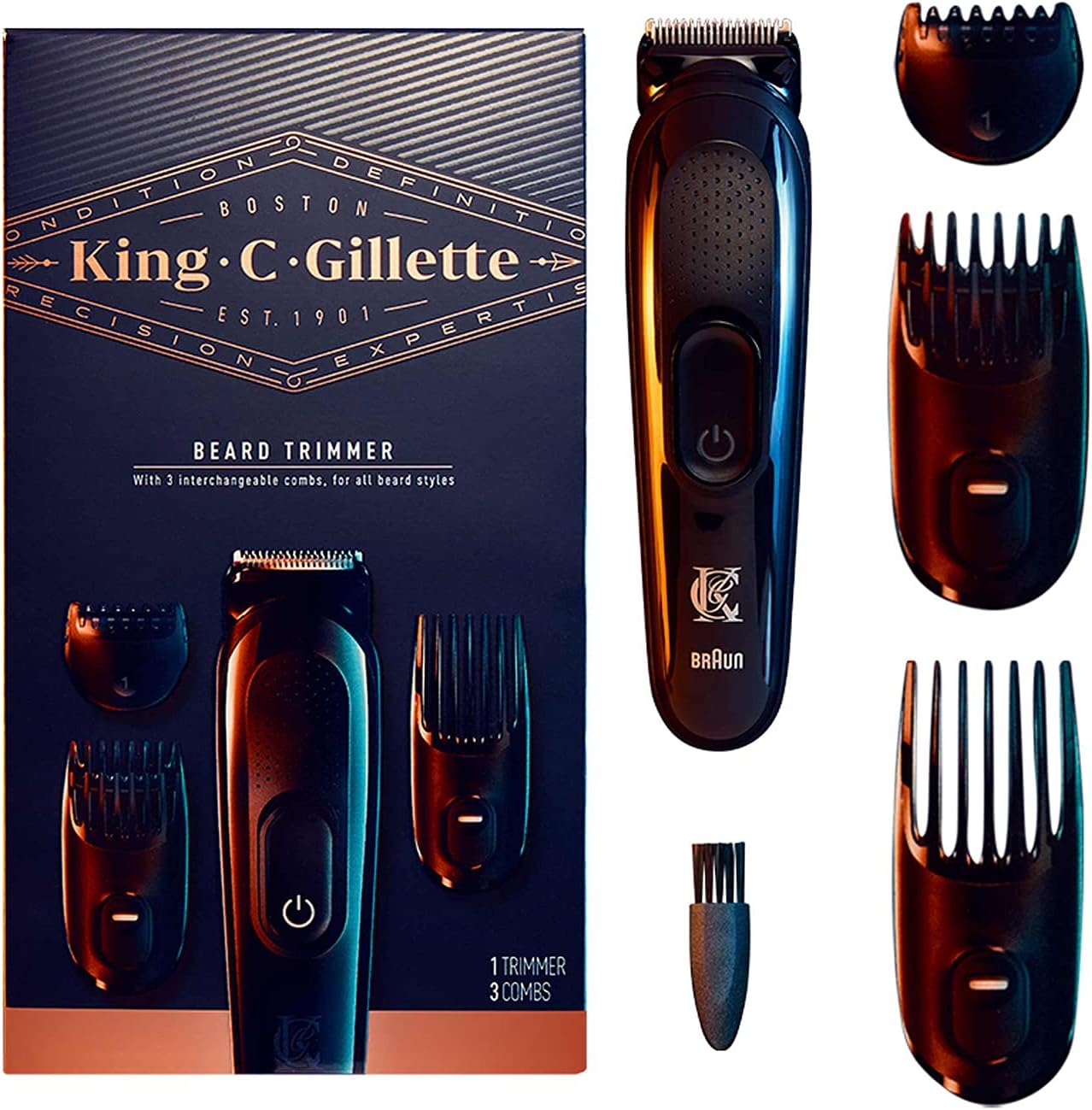 King C. Cordless Mens Beard Trimmer Kit With Lifetime Sharp Blades And 3 Interchangeable Combs, Battery Powered, Multicolor