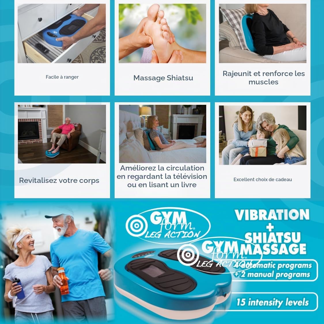 GYMFORM Masseur de pieds et de jambes Leg Action, Massage shiatsu, Télécommandé, Plusieurs programmes et vitesses pour améliorer la circulation et soulager la douleur