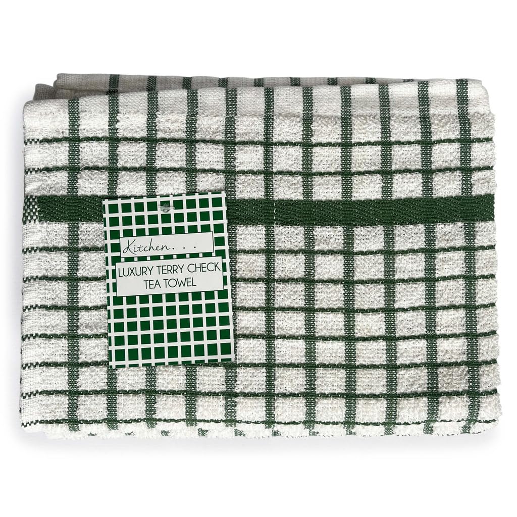 Inspire Me Pack of 6 Luxury Terry Check Tea Towels 100% Cotton Kitchen Towels - High-Performance Cleaning Cloths with Superior Absorption Green