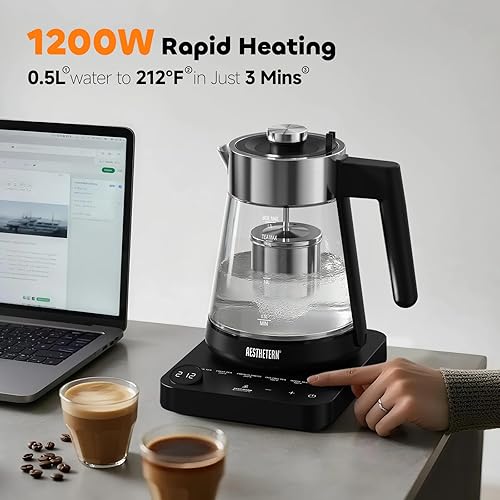 Miniatura 5 de Hervidor eléctrico de té con infusor de 1.7 L de vidrio con control de temperatura, apagado automático, 12 horas, mantiene el calor para el