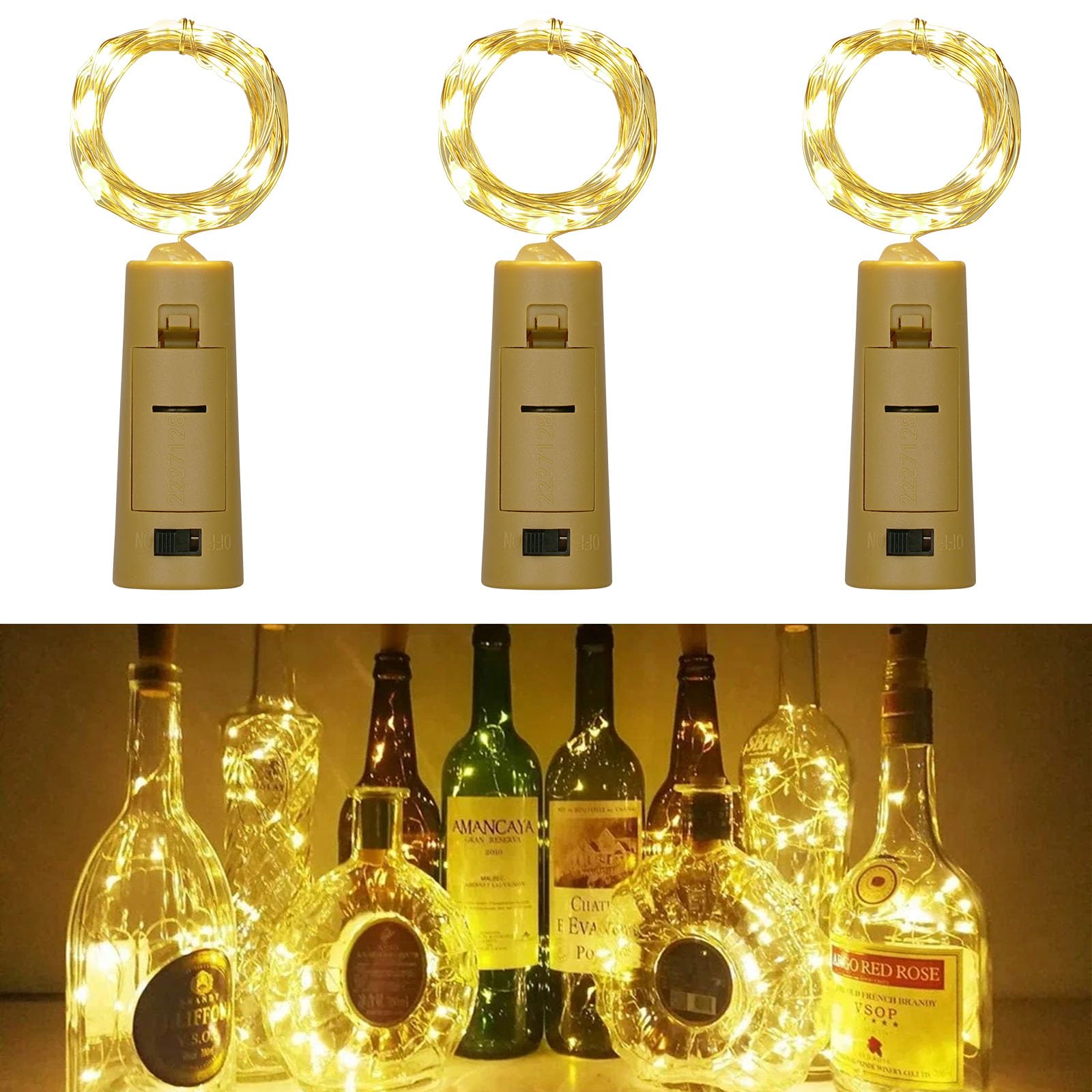 Vicloon LED Flaschen-Licht, 3 Stück 20 LED Flaschenlicht Kaltweiß mit Batterie, Kork Flaschen licht fur DIY, Deko für Flaschen für Weihnachten Party, Party Hochzeit Stimmung Lichter