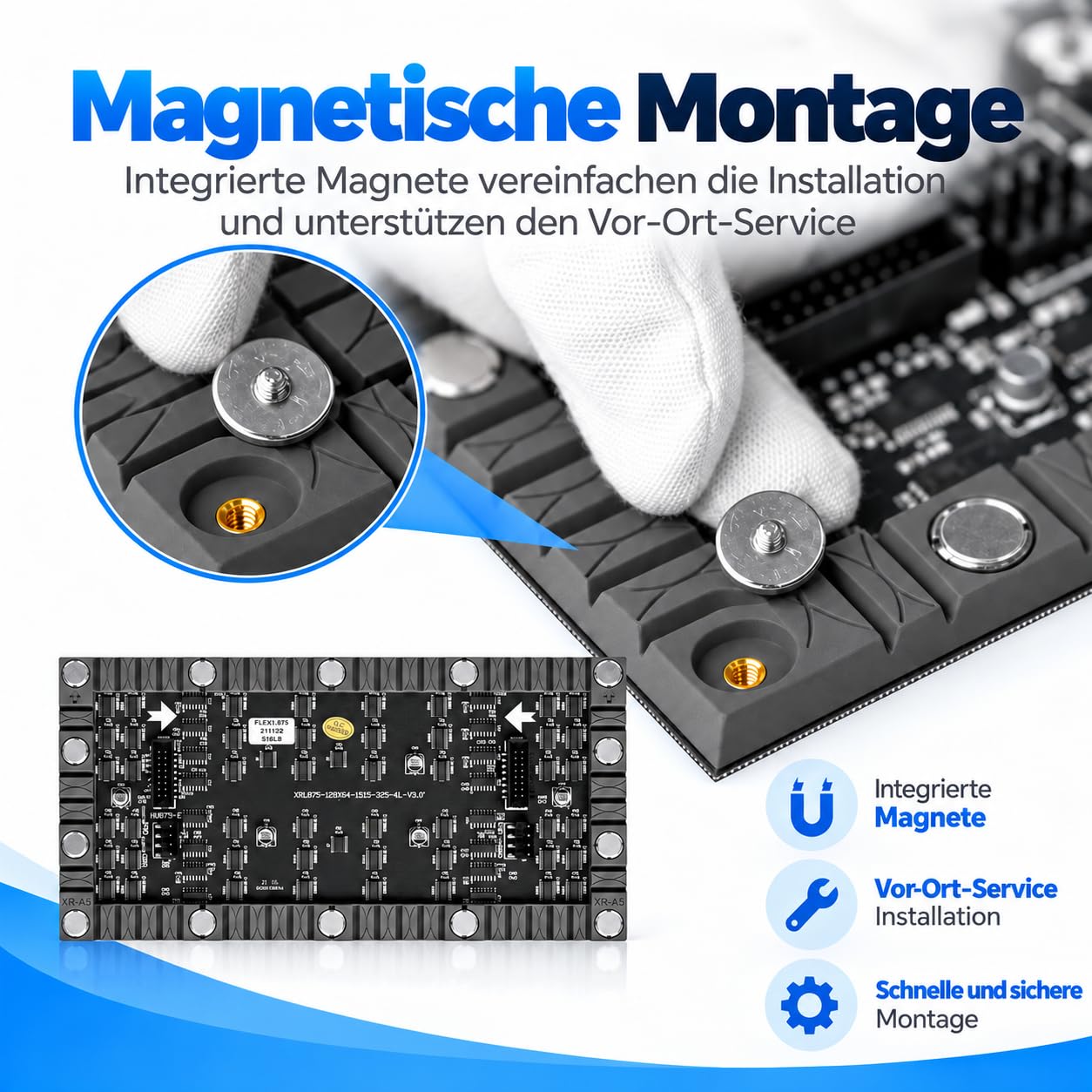P1.875 Flexibles LED-Modul 240 x 120 mm, 128 x 64 Pixel, SMD1515, DC 5V, 750 Nits, 1/32 Scan, Magnetmontage, Frontservice für gebogene Indoor-Displays, 20 Stück